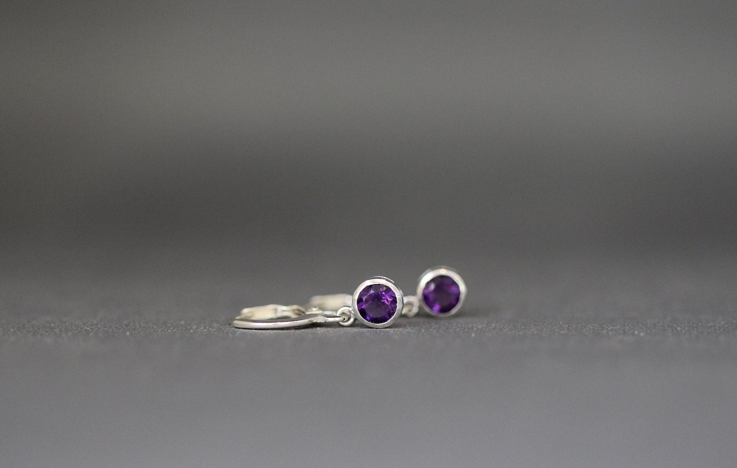 Amethyst Bezel Charm Earrings on Silver Huggie Hoops