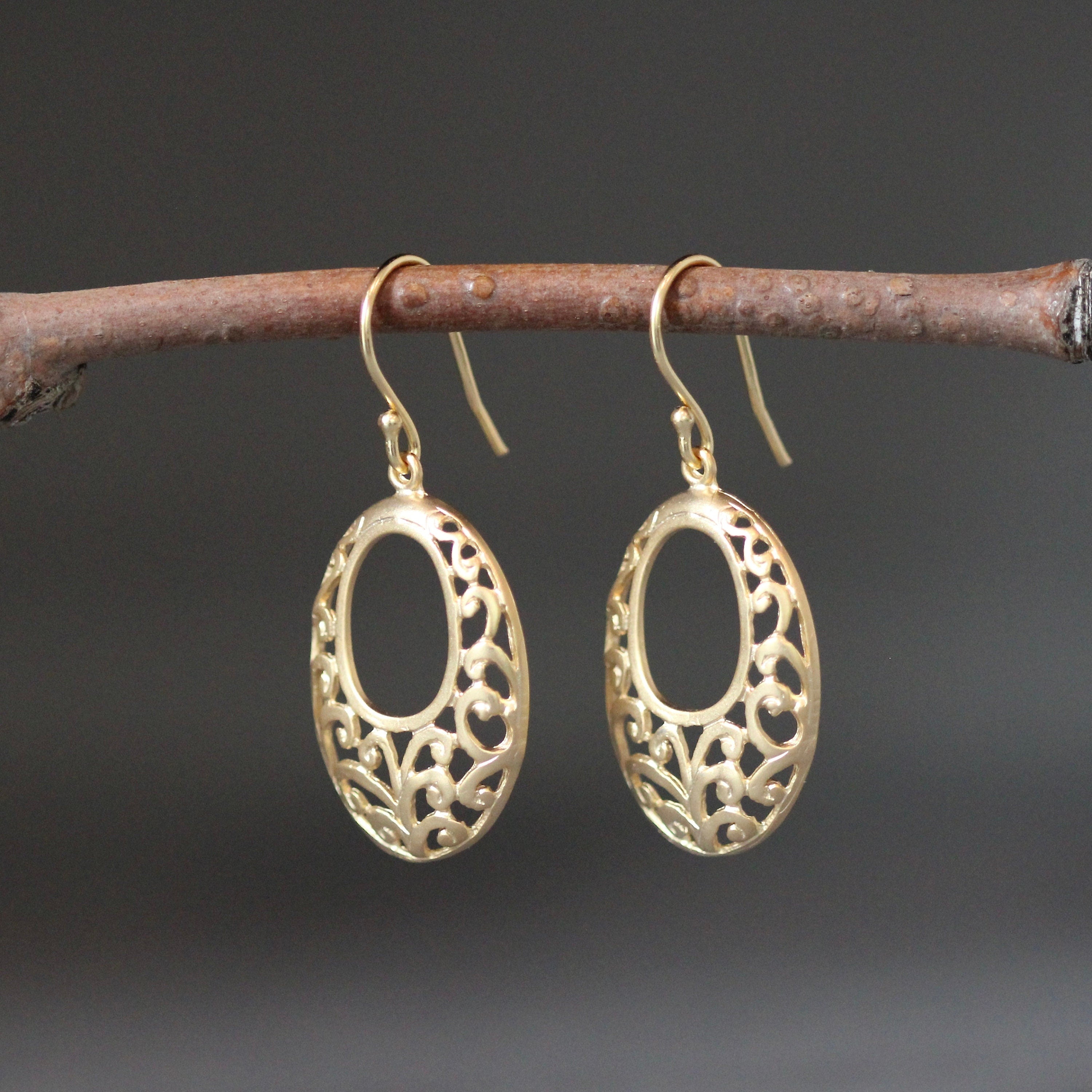 Oval Matte Gold Vermeil Filigree Dangle Earrings