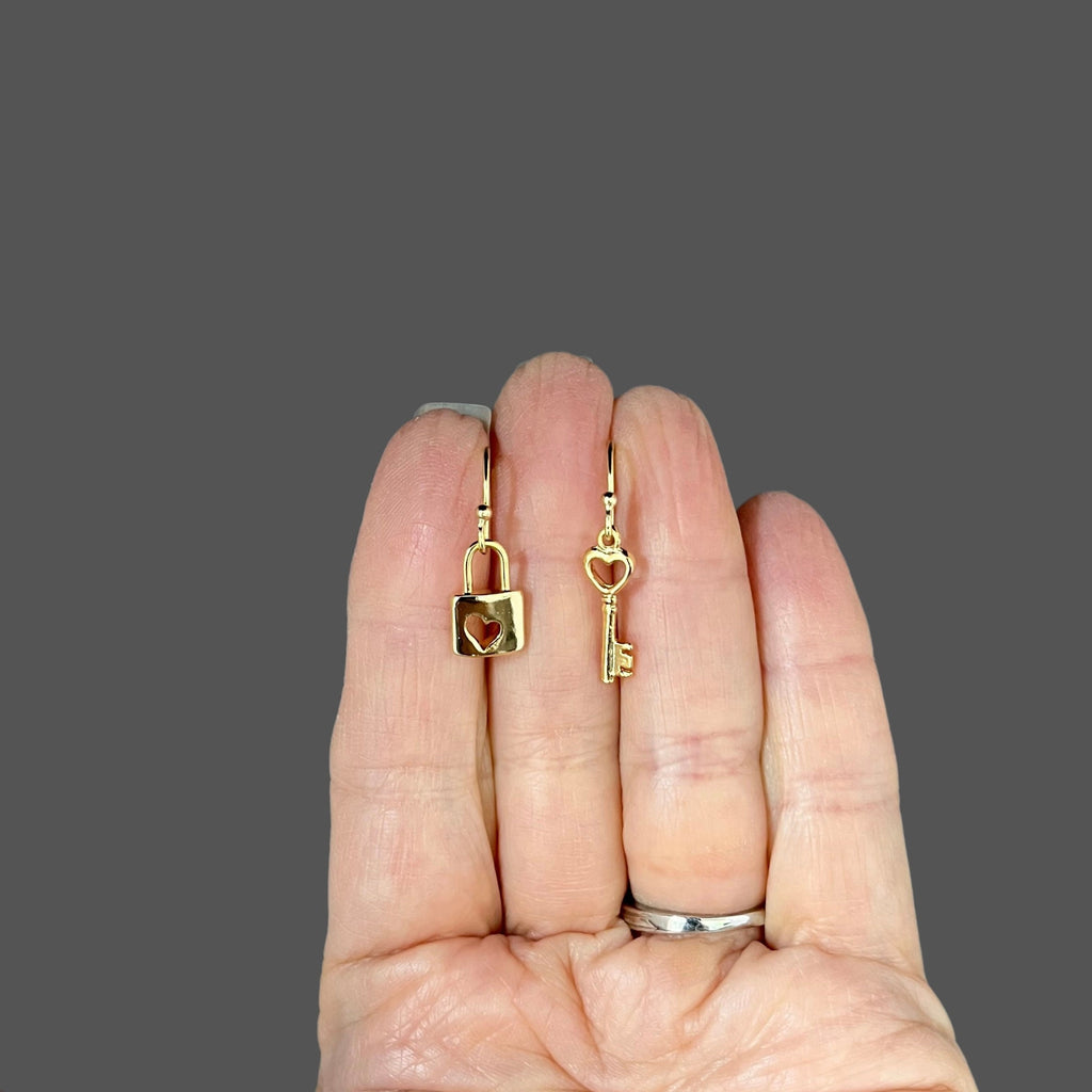 Gold Vermeil Heart Lock and Key Charm Dangle Earrings