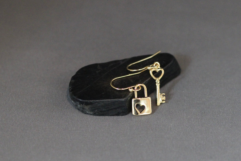 Gold Vermeil Heart Lock and Key Charm Dangle Earrings