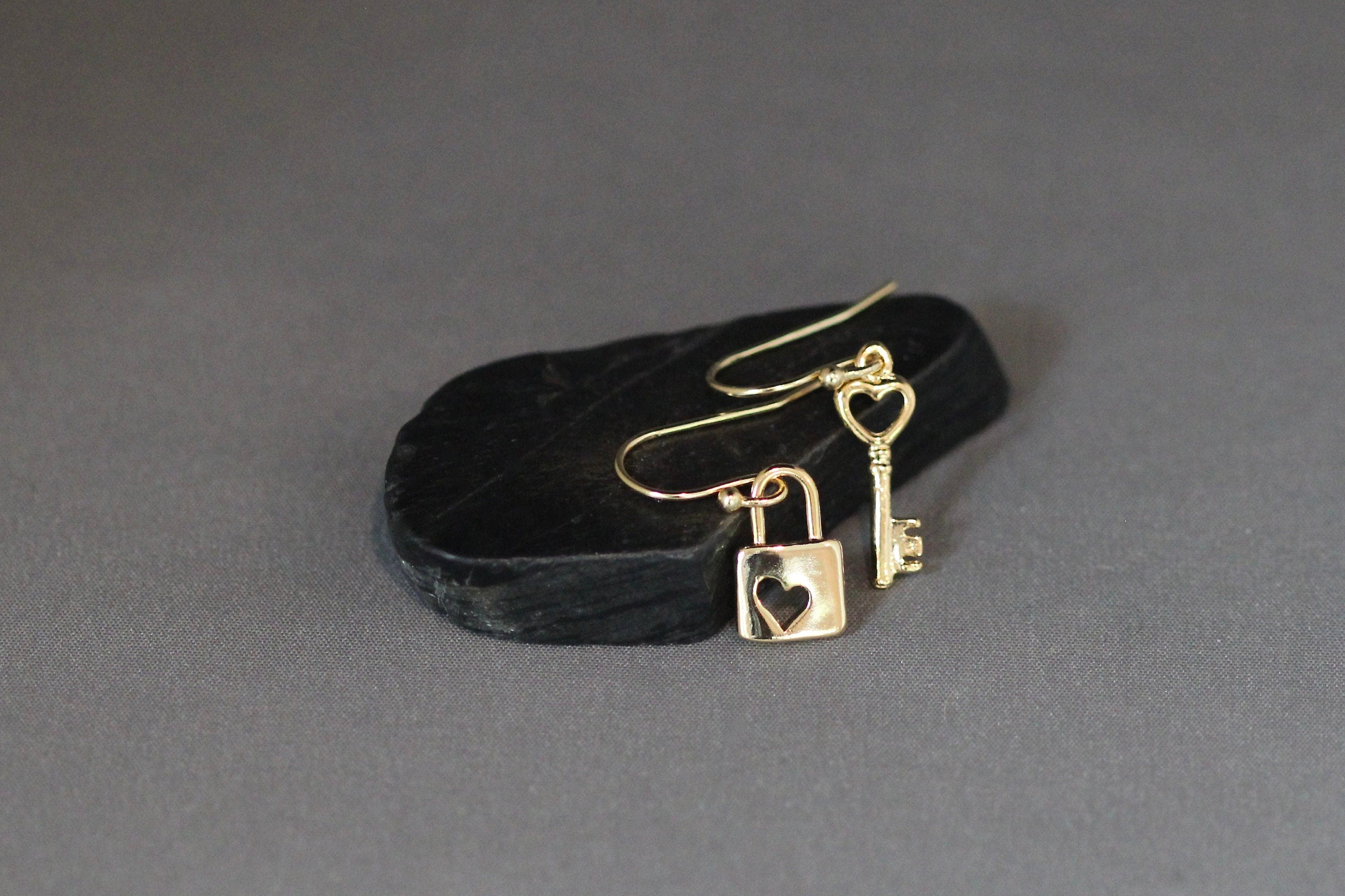 Gold Vermeil Heart Lock and Key Charm Dangle Earrings