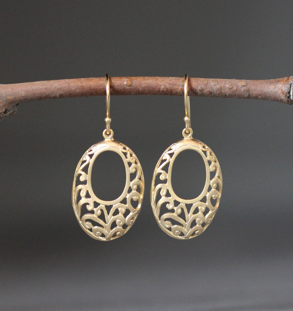 Oval Matte Gold Vermeil Filigree Dangle Earrings
