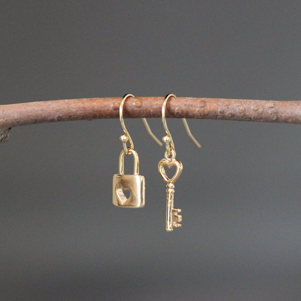 Gold Vermeil Heart Lock and Key Charm Dangle Earrings