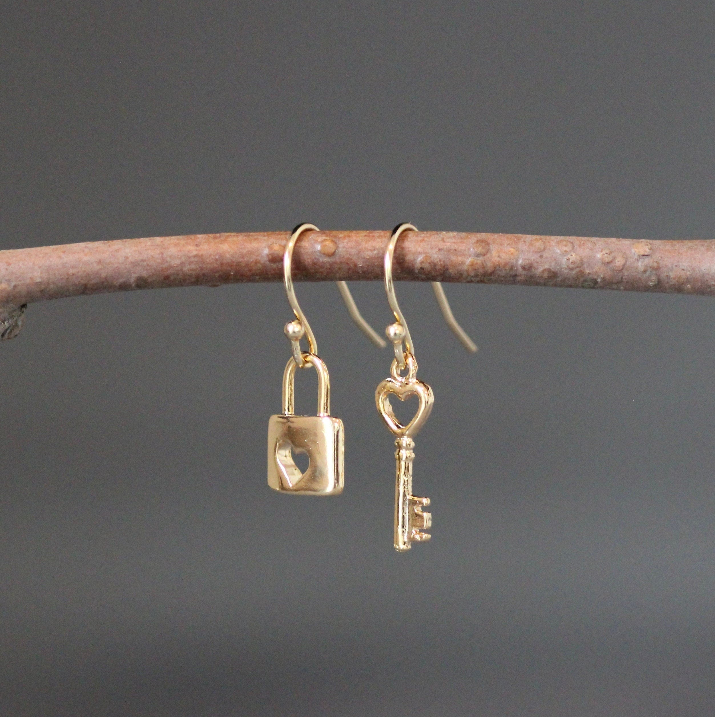 Gold Vermeil Heart Lock and Key Charm Dangle Earrings
