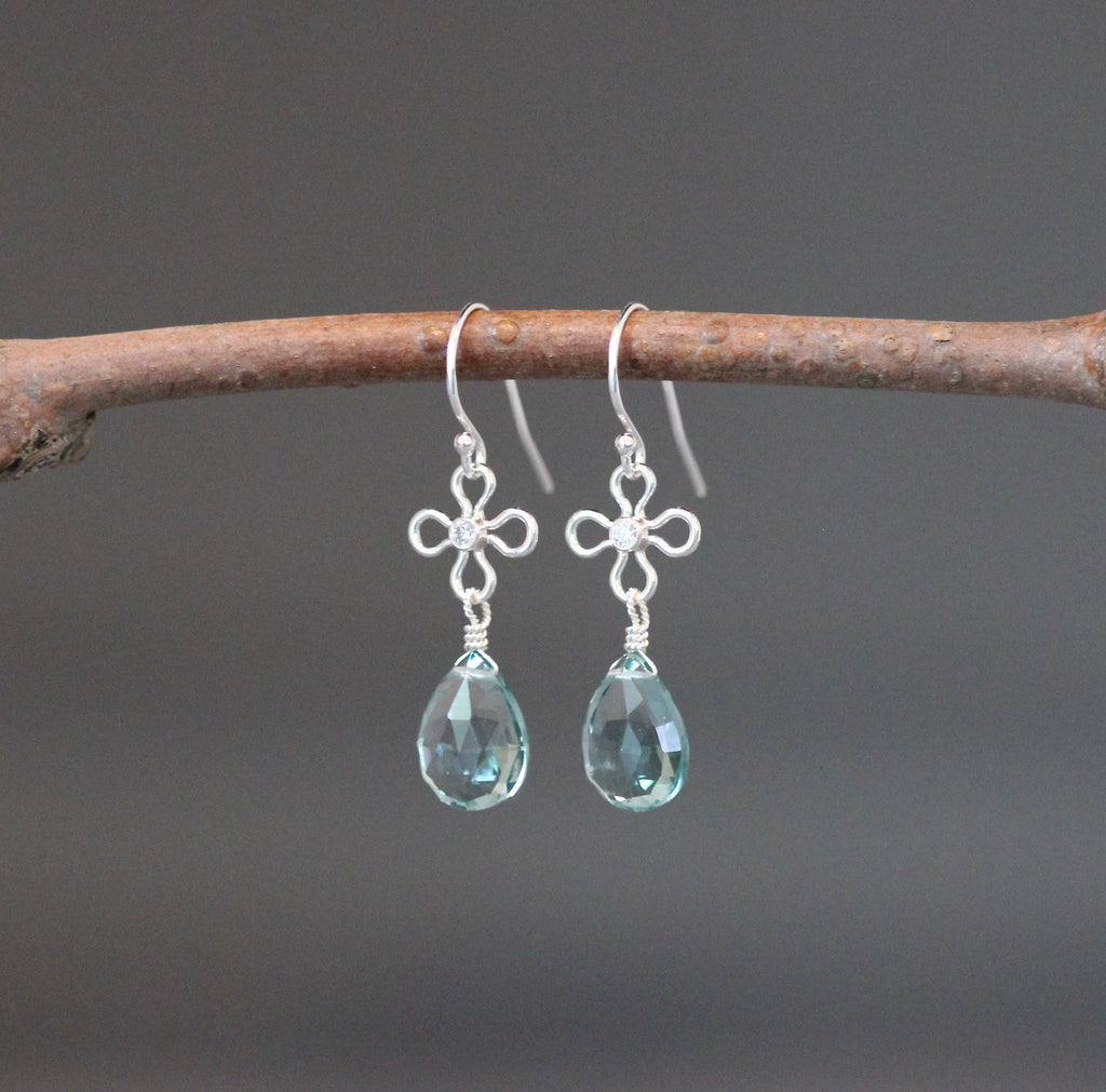 Teal Quartz Teardrop Earrings on Bali Sterling Silver Flower Links