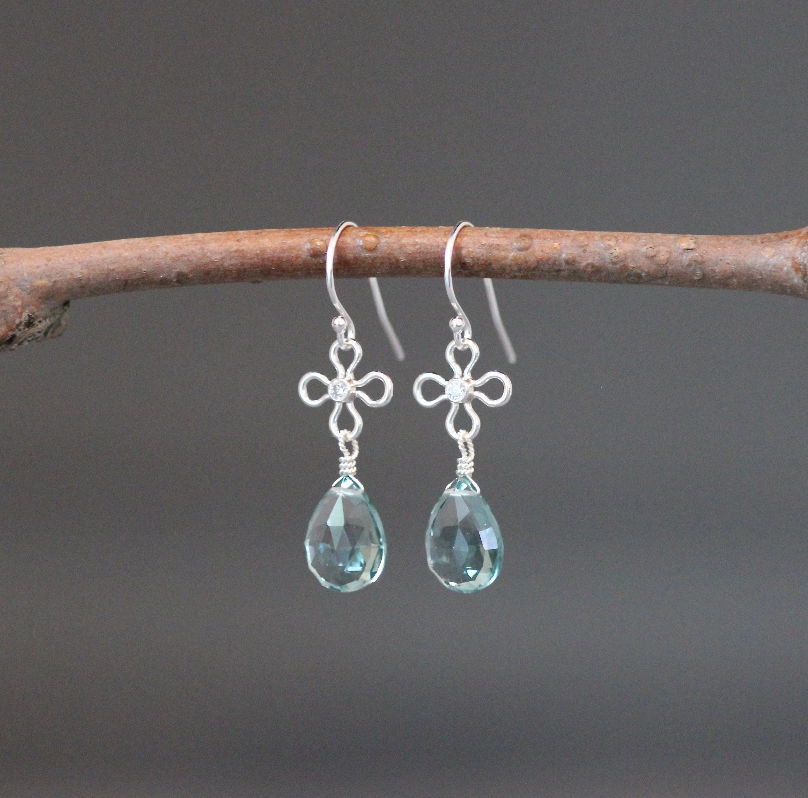 Teal Quartz Teardrop Earrings on Bali Sterling Silver Flower Links