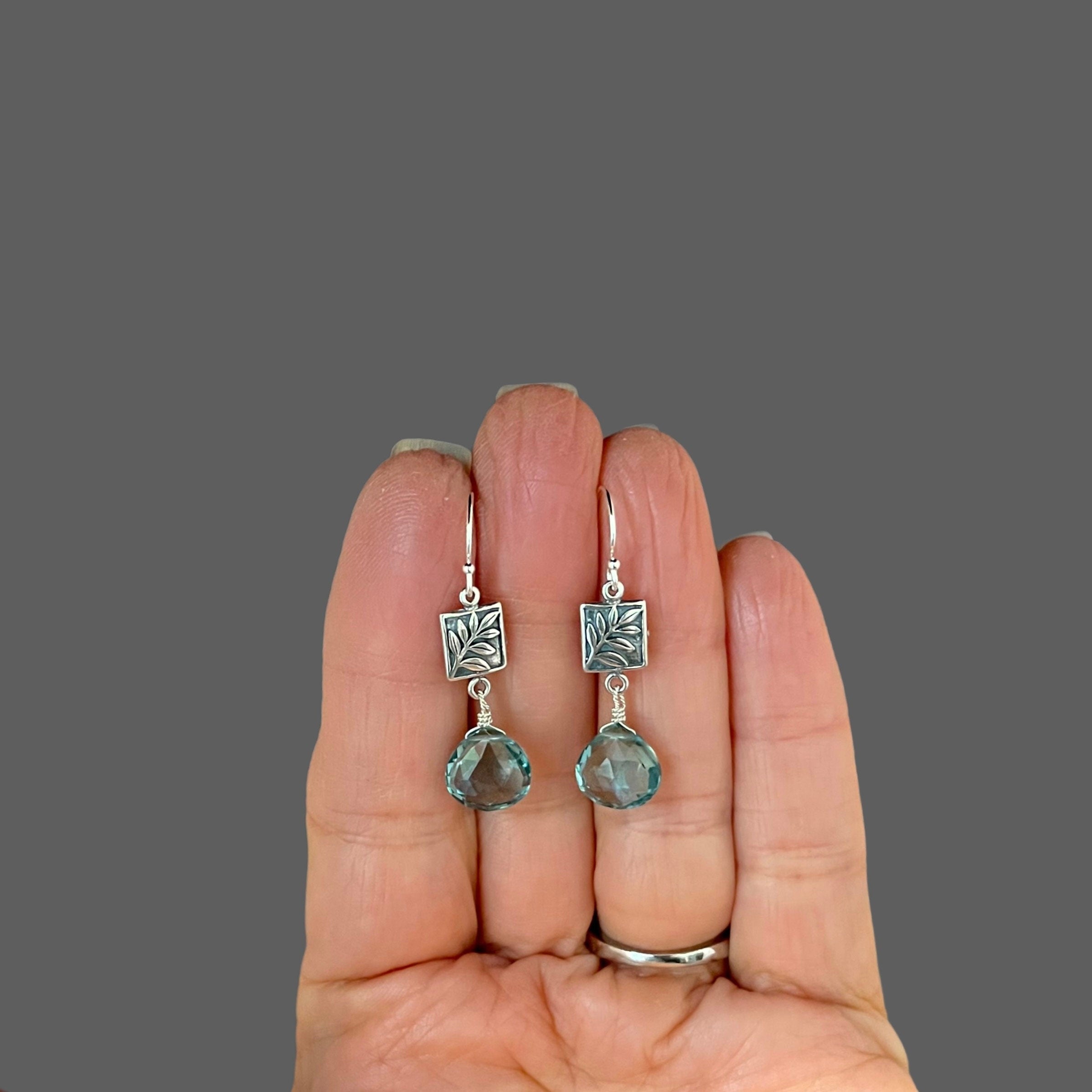 Teal Quartz Teardrop Earrings on Bali Silver Leaf Links