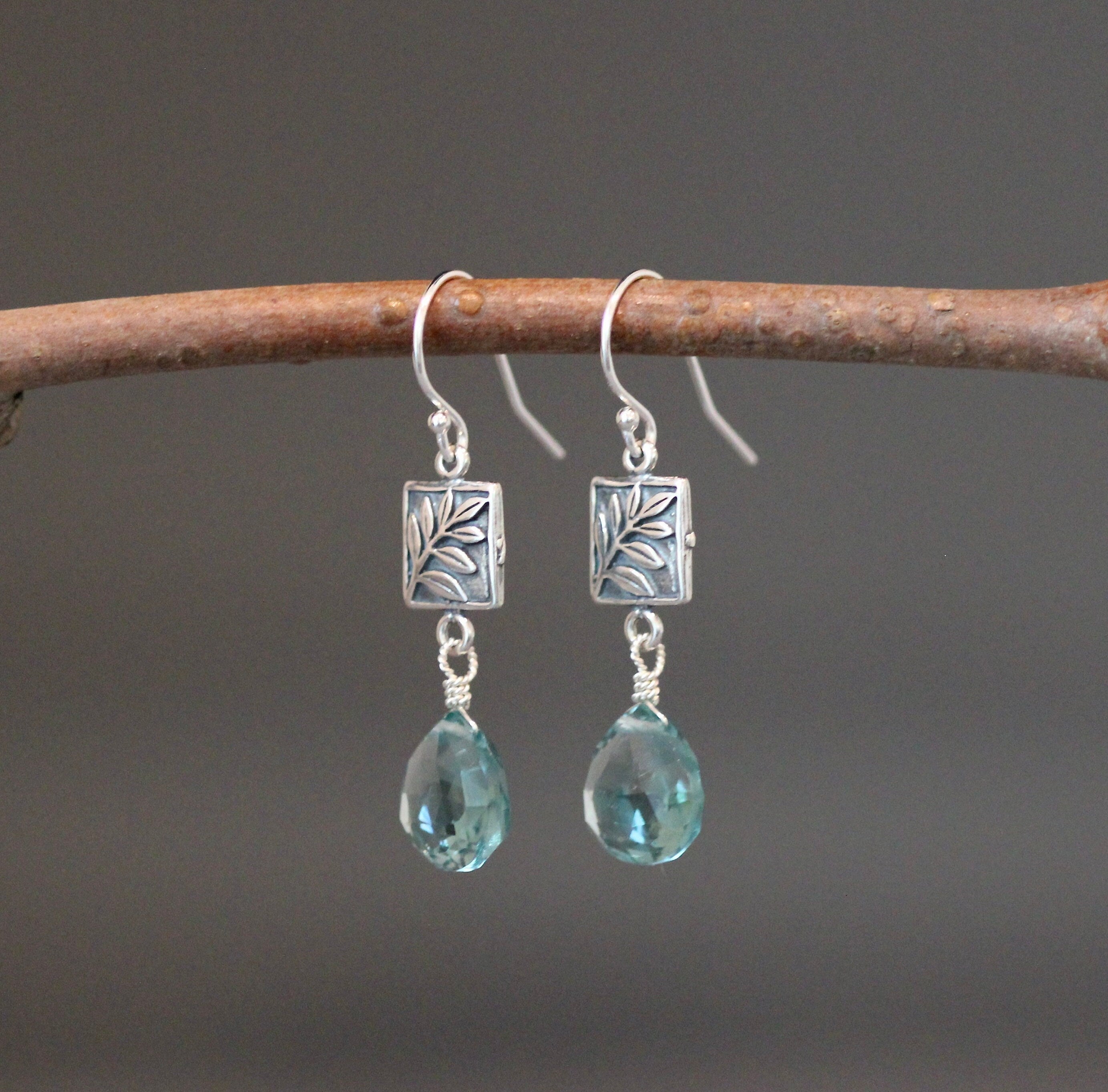 Teal Quartz Teardrop Earrings on Bali Silver Leaf Links