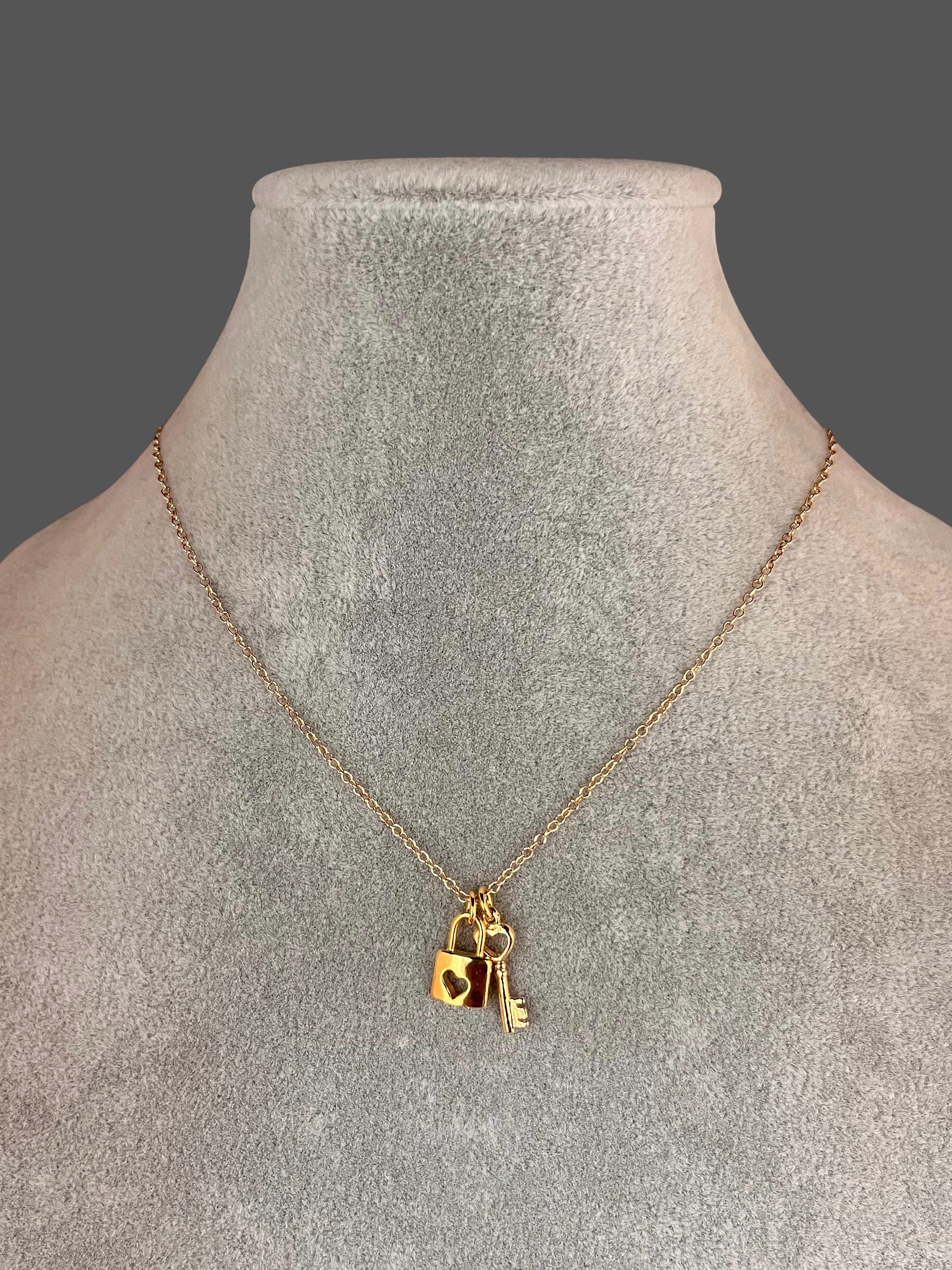 Gold Vermeil Heart Lock and Key Charm Necklace on Gold Filled Chain