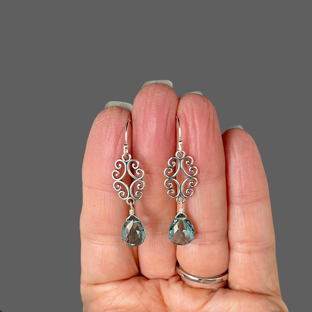 Teal Quartz Teardrop Earrings on Bali Silver Filigree Chandelier Links