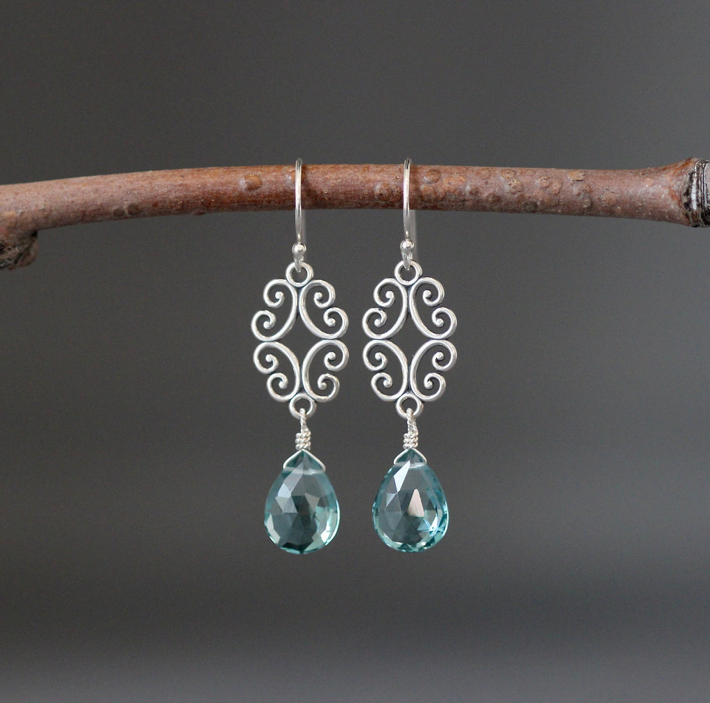 Teal Quartz Teardrop Earrings on Bali Silver Filigree Chandelier Links