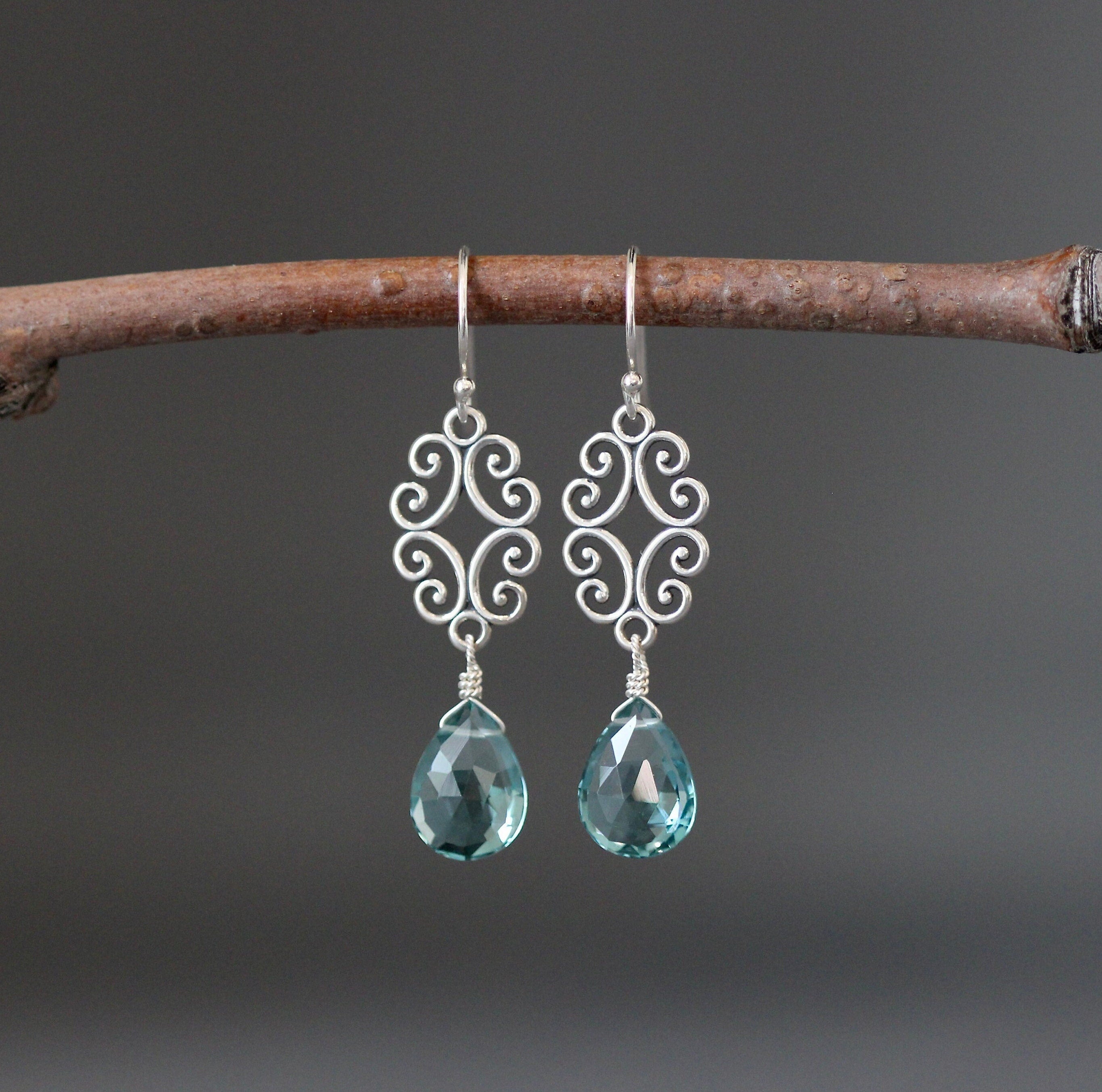 Teal Quartz Teardrop Earrings on Bali Silver Filigree Chandelier Links