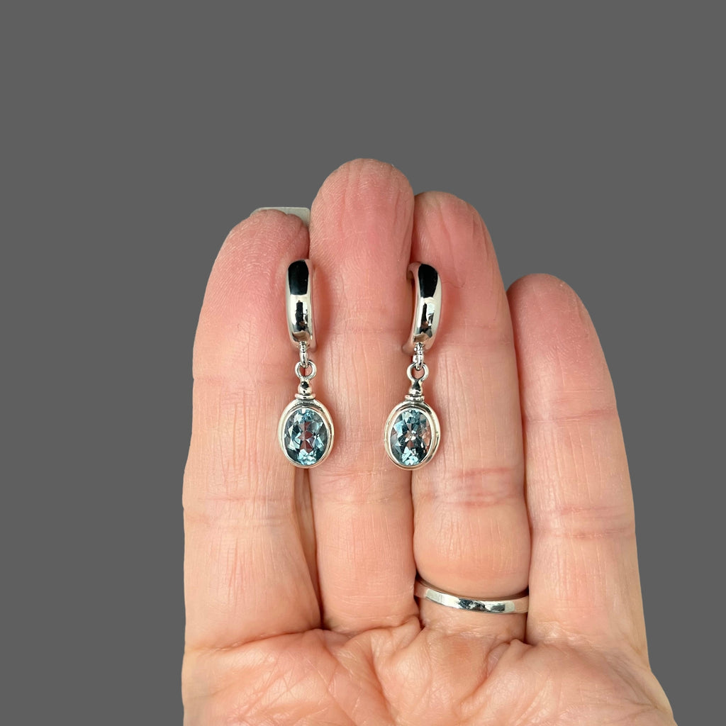 Blue Topaz Bezel Earrings on Sterling Silver Post Hoops