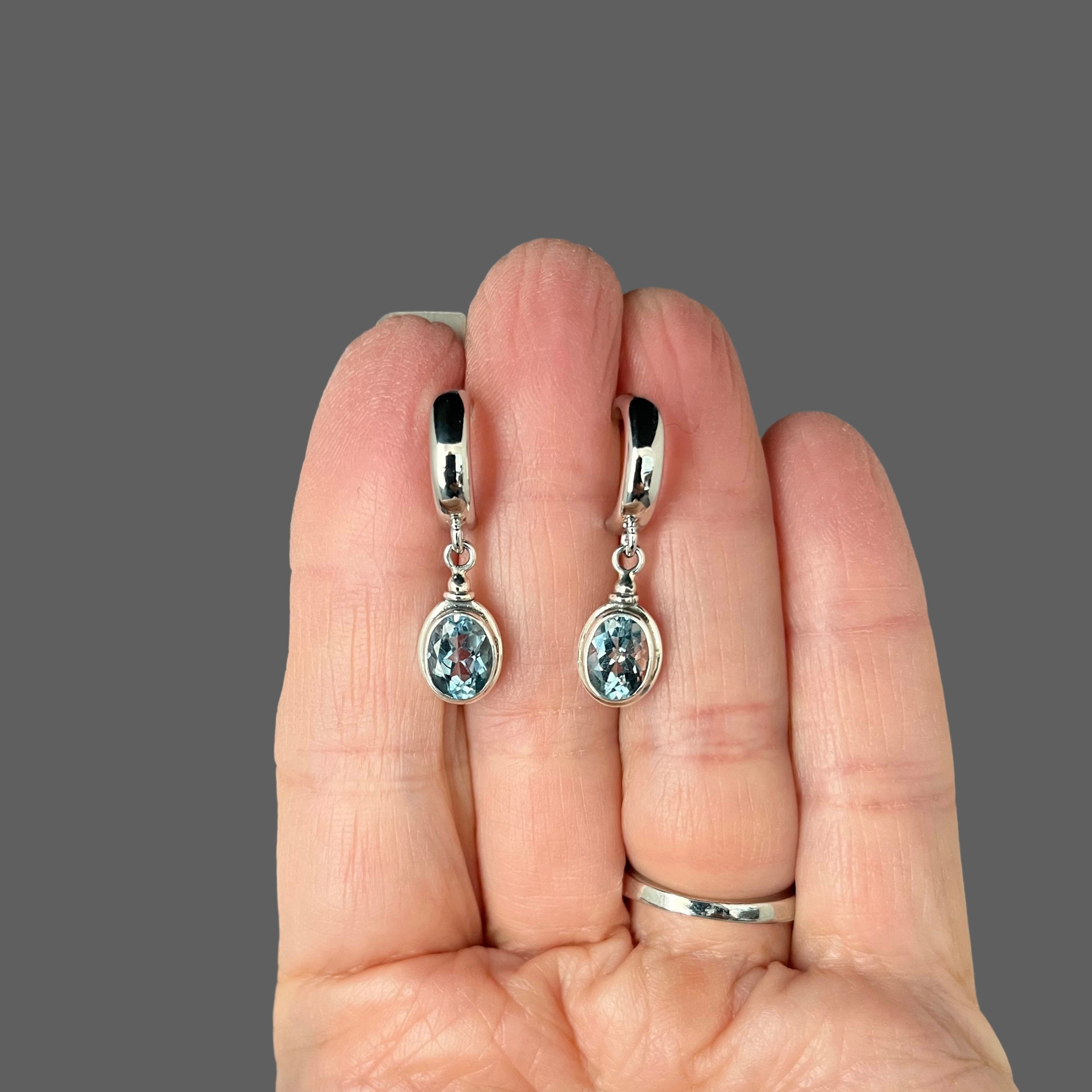 Blue Topaz Bezel Earrings on Sterling Silver Post Hoops