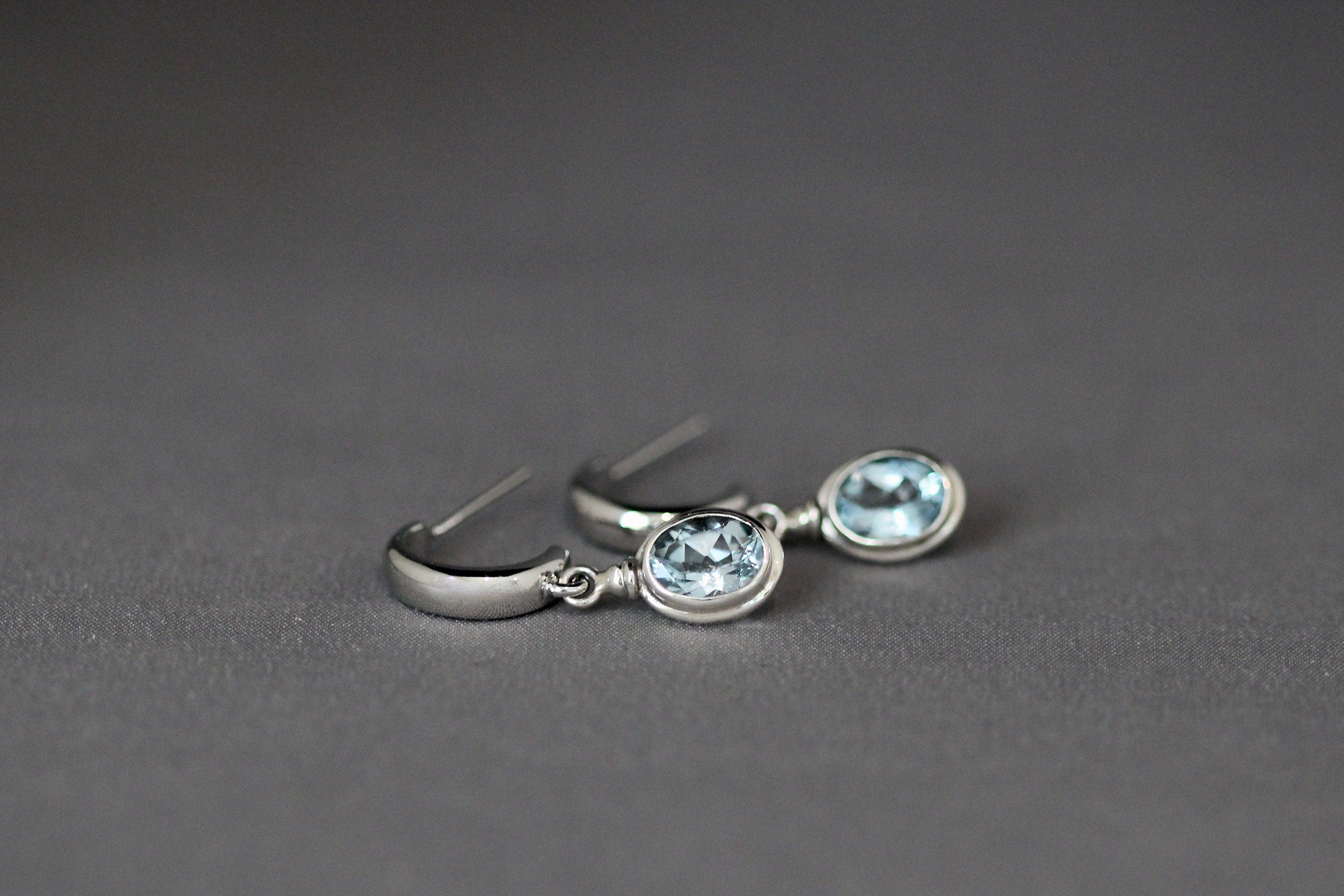 Blue Topaz Bezel Earrings on Sterling Silver Post Hoops