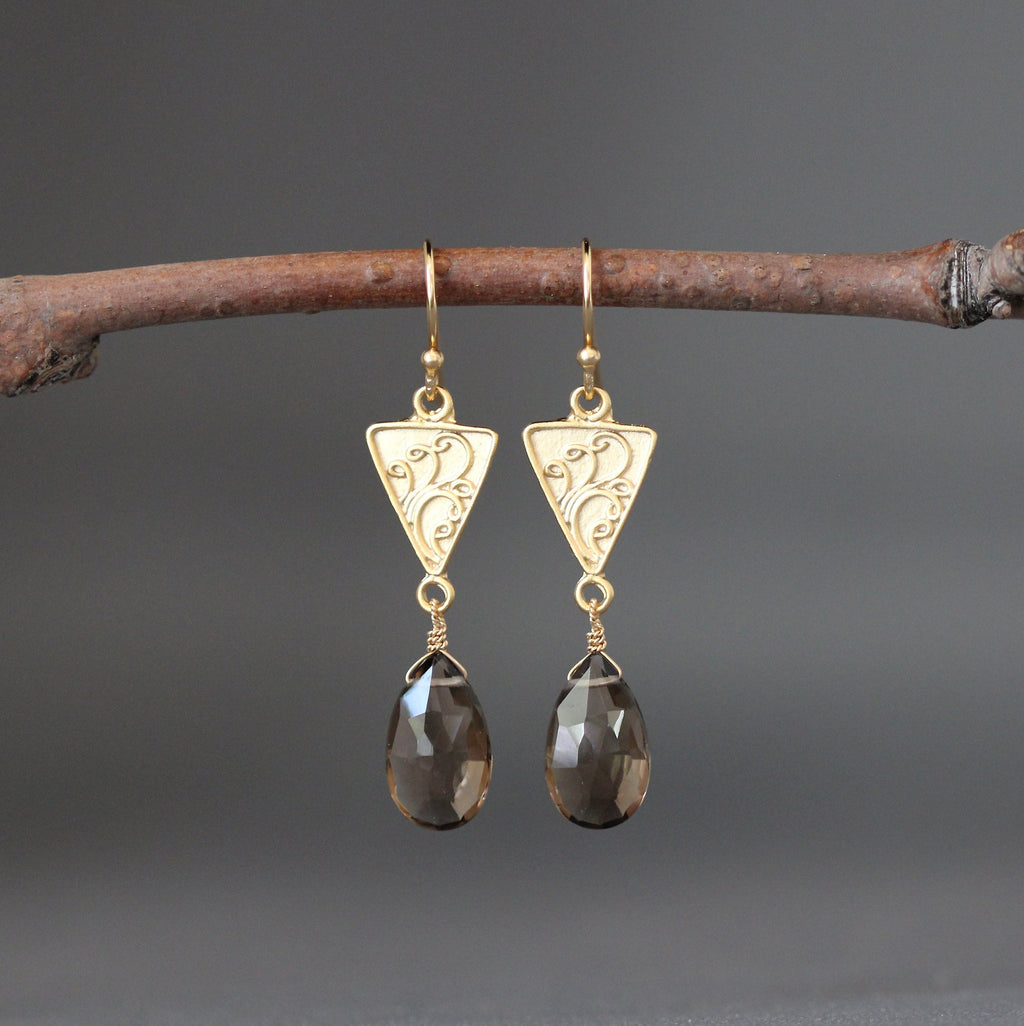 Smoky Quartz Teardrop Earrings on Gold Vermeil Chandelier Links