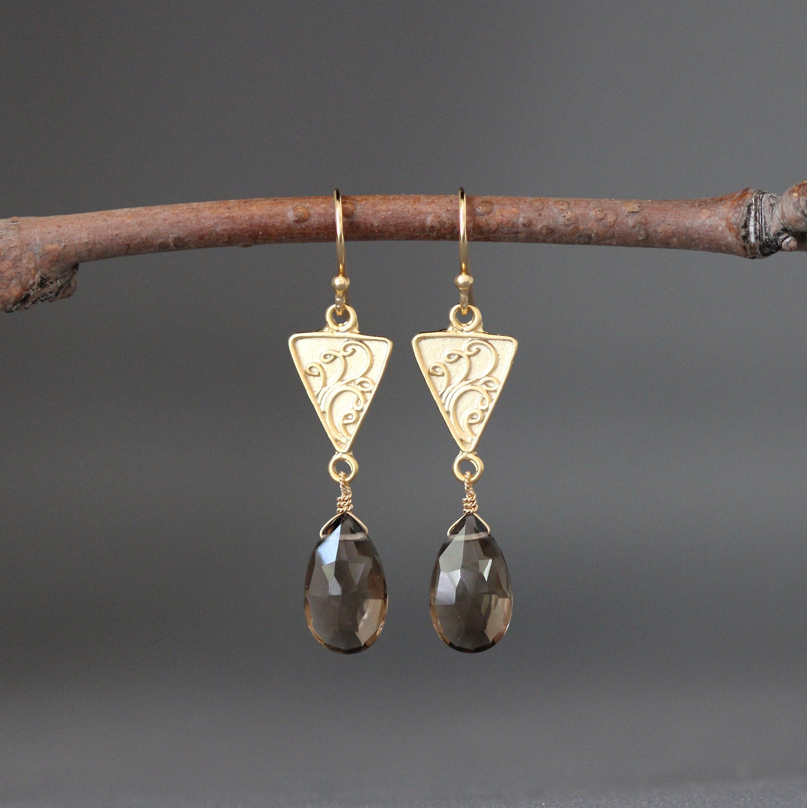 Smoky Quartz Teardrop Earrings on Gold Vermeil Chandelier Links