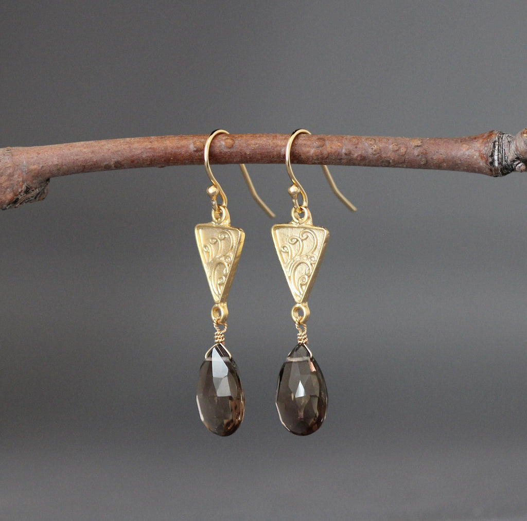 Smoky Quartz Teardrop Earrings on Gold Vermeil Chandelier Links