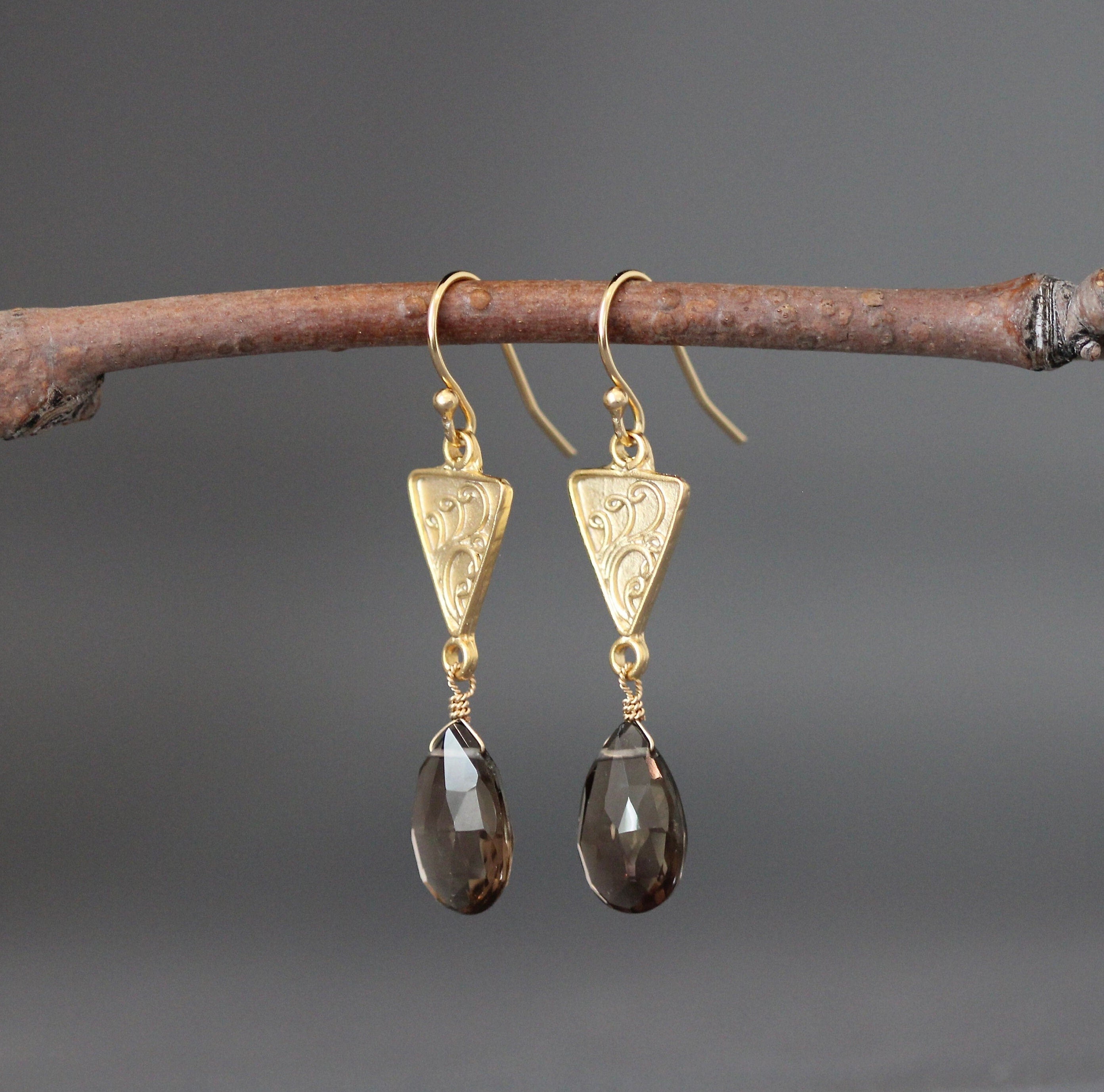 Smoky Quartz Teardrop Earrings on Gold Vermeil Chandelier Links