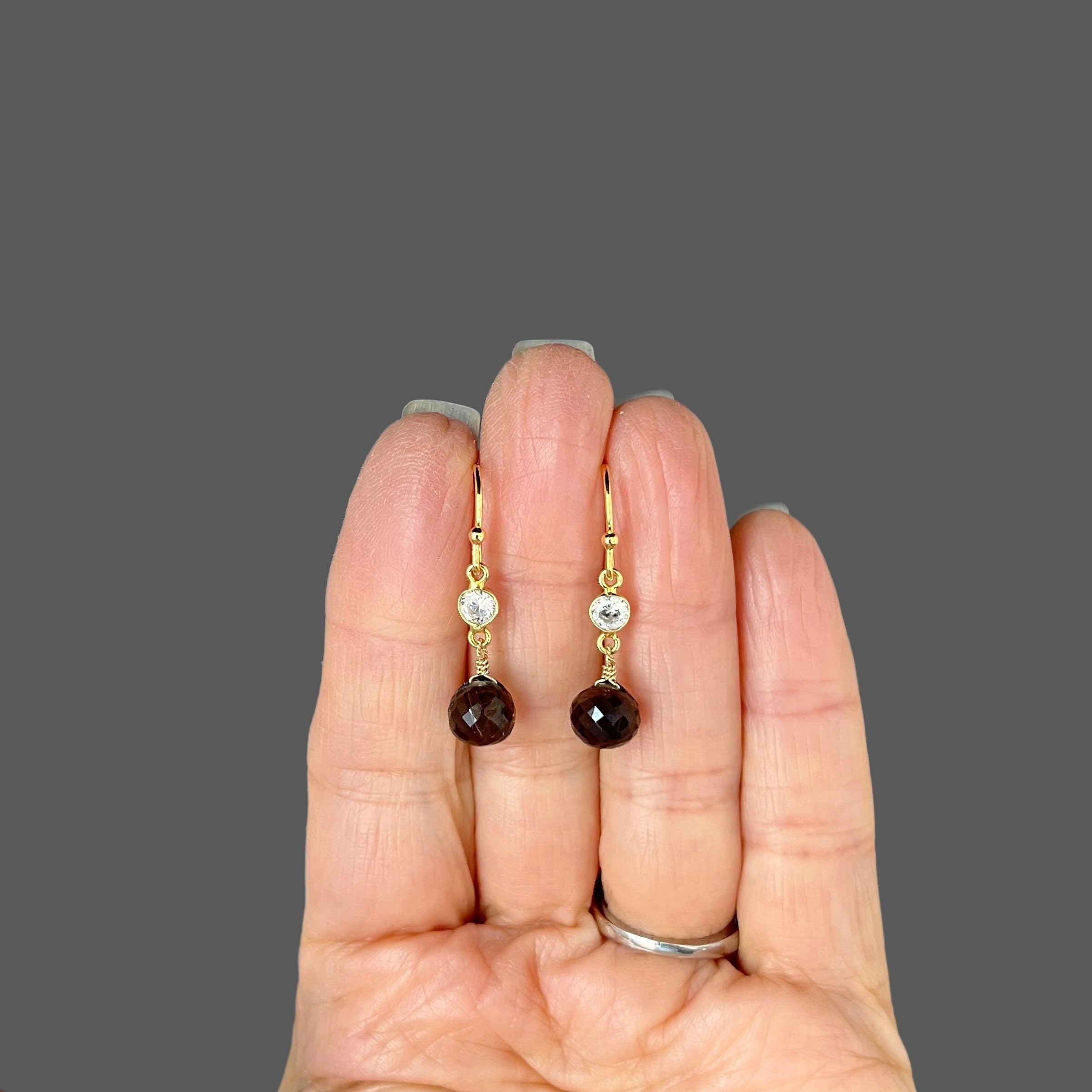 Smoky Quartz Teardrop Earrings on Gold Vermeil Links with Cubic Zirconia Accents