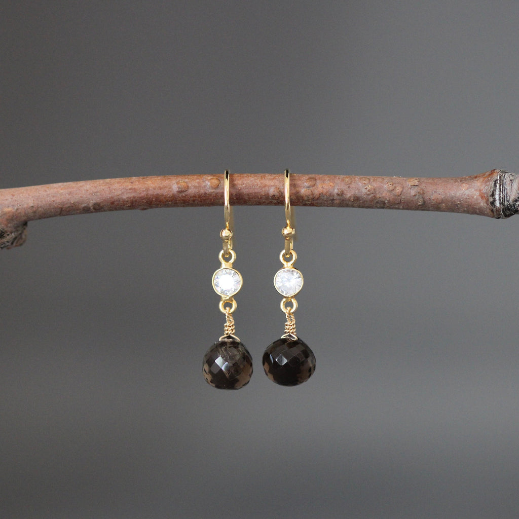 Smoky Quartz Teardrop Earrings on Gold Vermeil Links with Cubic Zirconia Accents