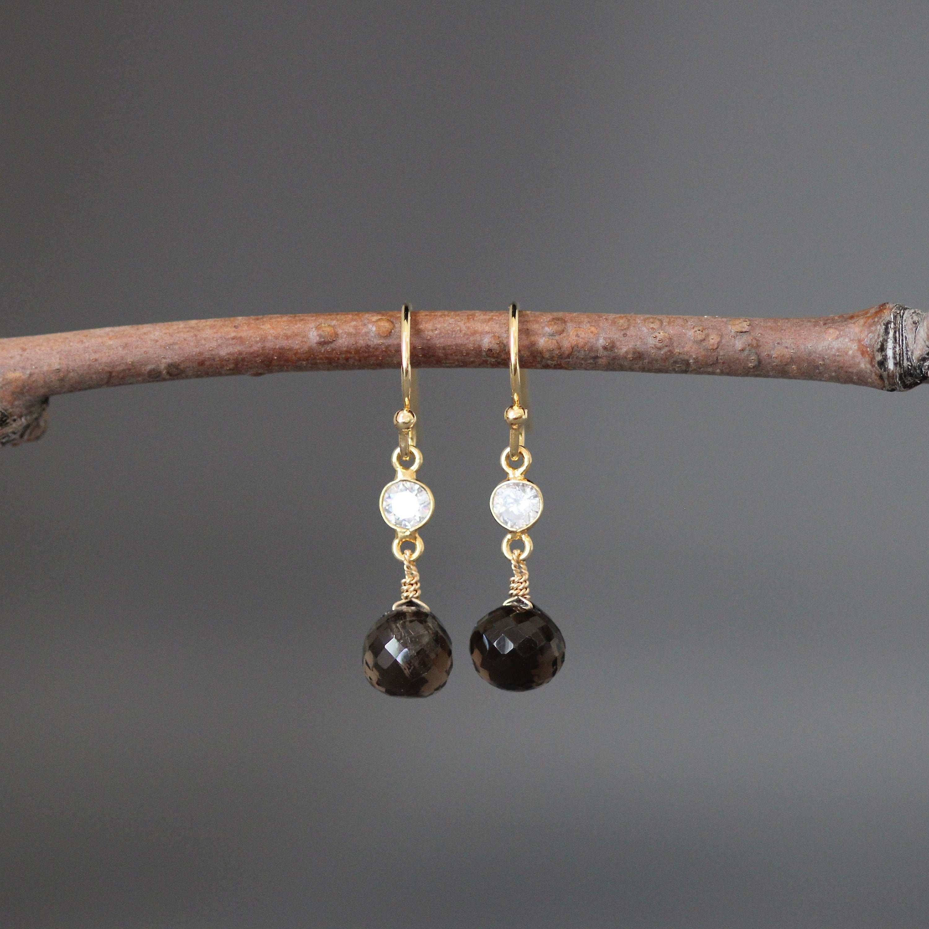 Smoky Quartz Teardrop Earrings on Gold Vermeil Links with Cubic Zirconia Accents