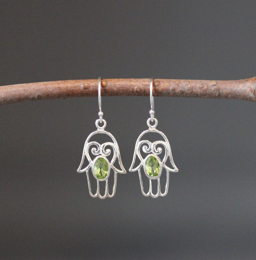 Peridot and Sterling Silver Hamsa Dangle Earrings