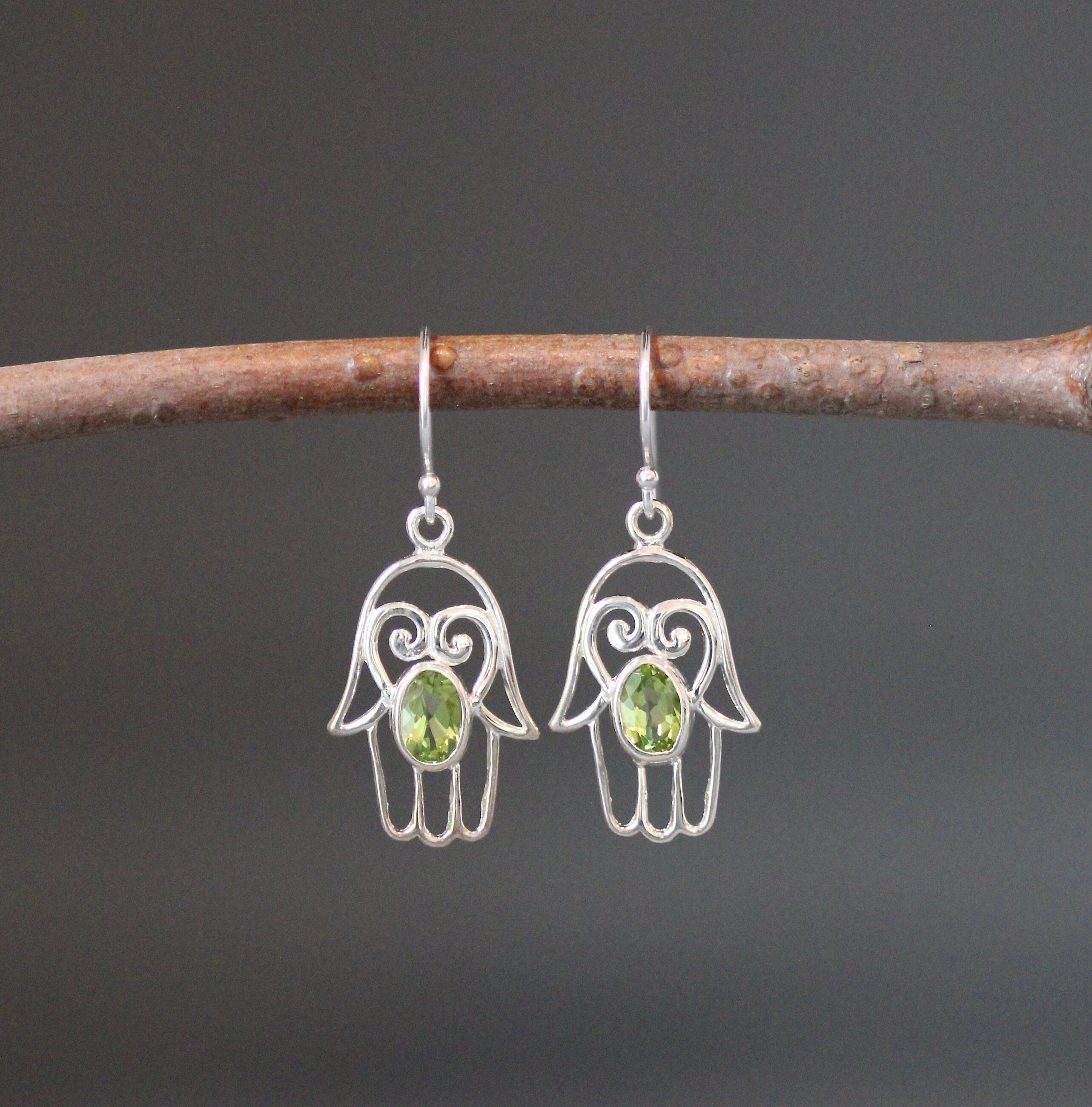 Peridot and Sterling Silver Hamsa Dangle Earrings