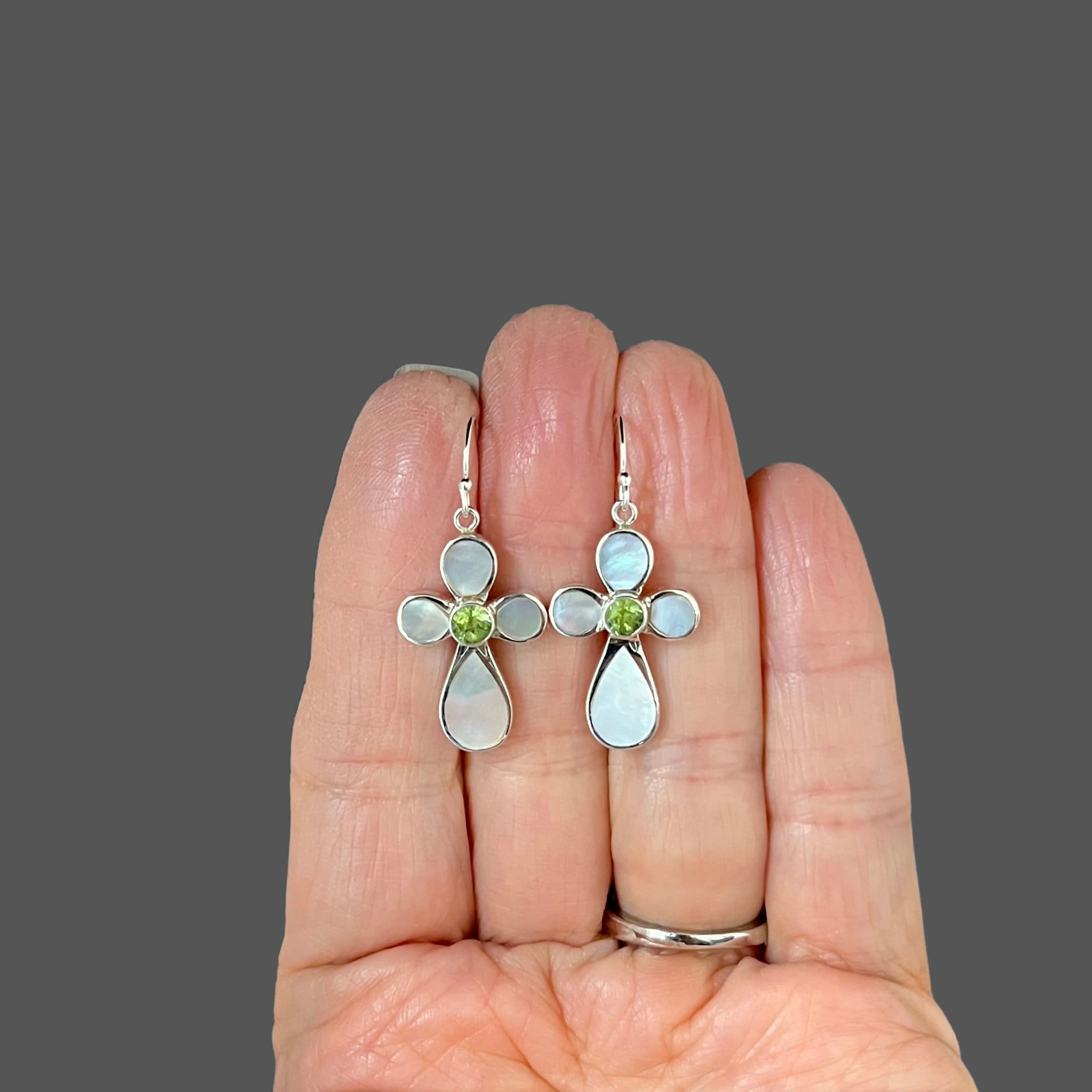 Peridot and Mother of Pearl Cross Earrings in Sterling Silver