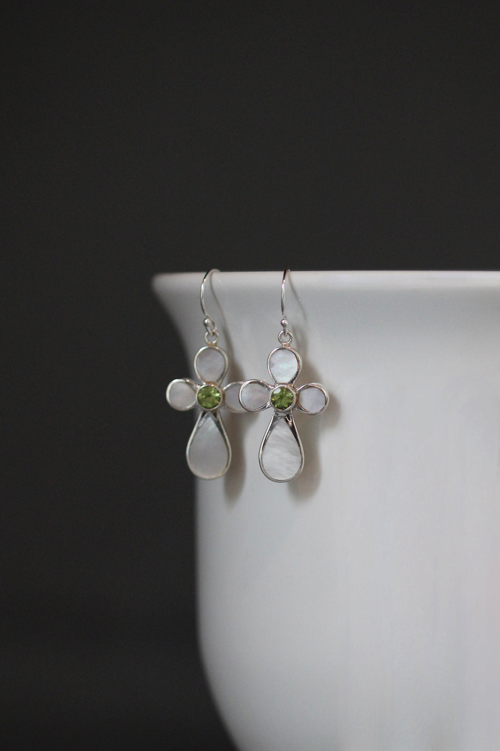 Peridot and Mother of Pearl Cross Earrings in Sterling Silver