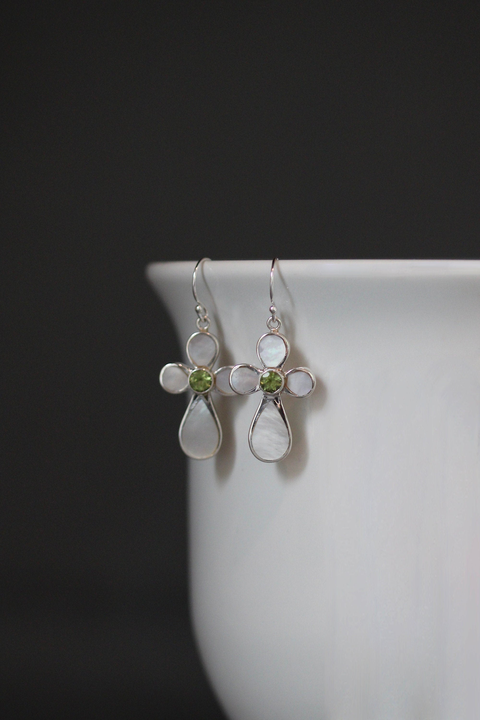Peridot and Mother of Pearl Cross Earrings in Sterling Silver