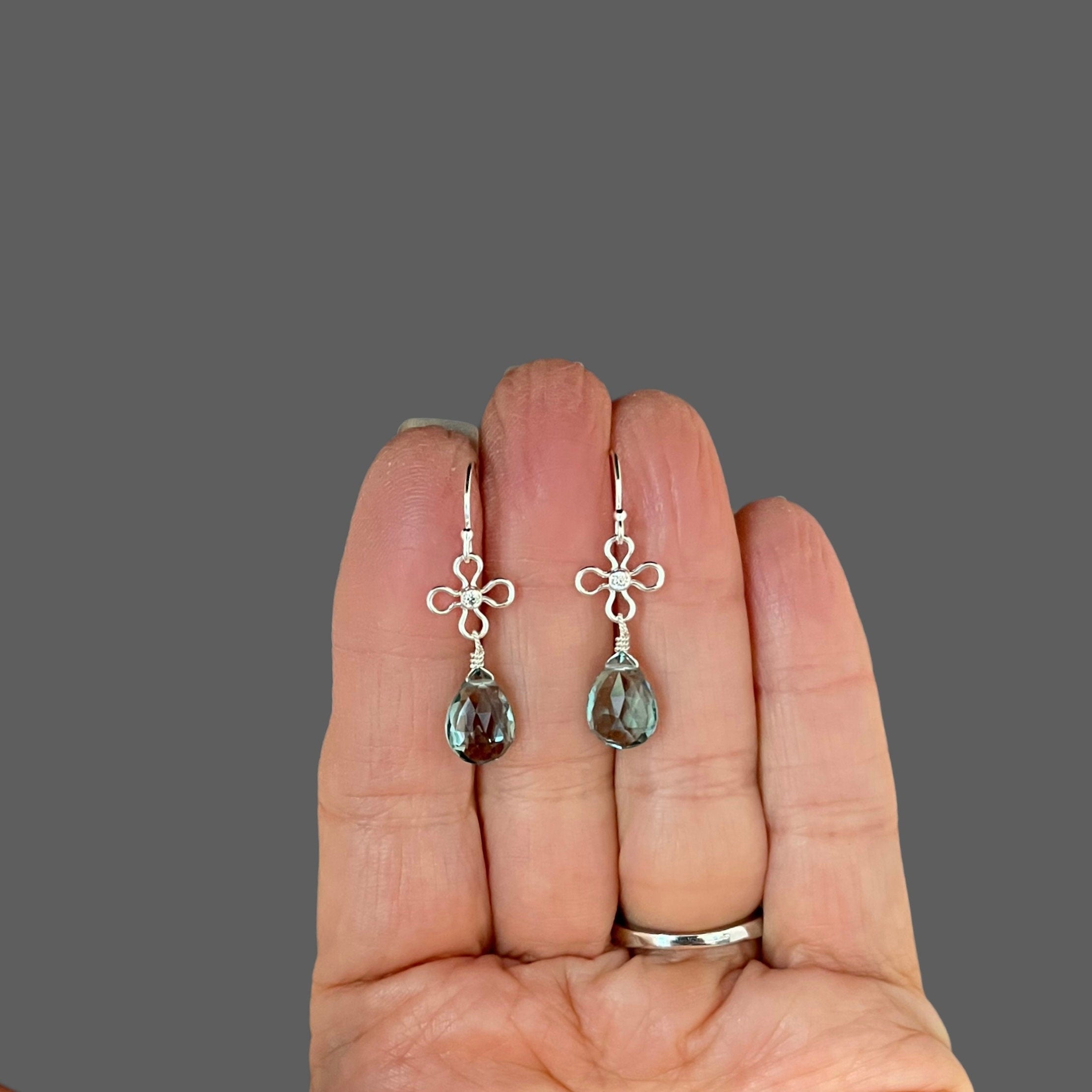 Teal Quartz Teardrop Earrings on Bali Sterling Silver Flower Links