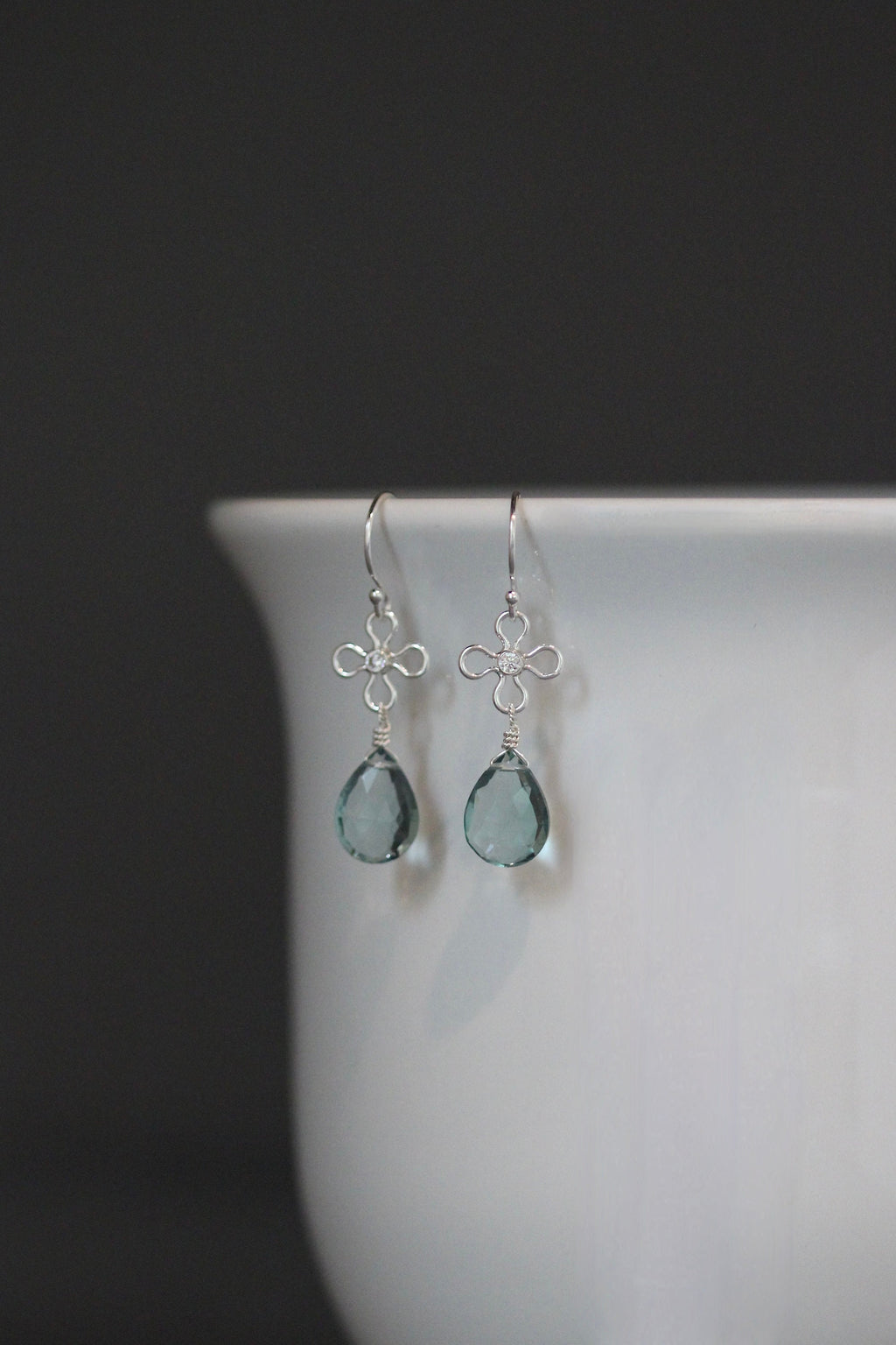 Teal Quartz Teardrop Earrings on Bali Sterling Silver Flower Links