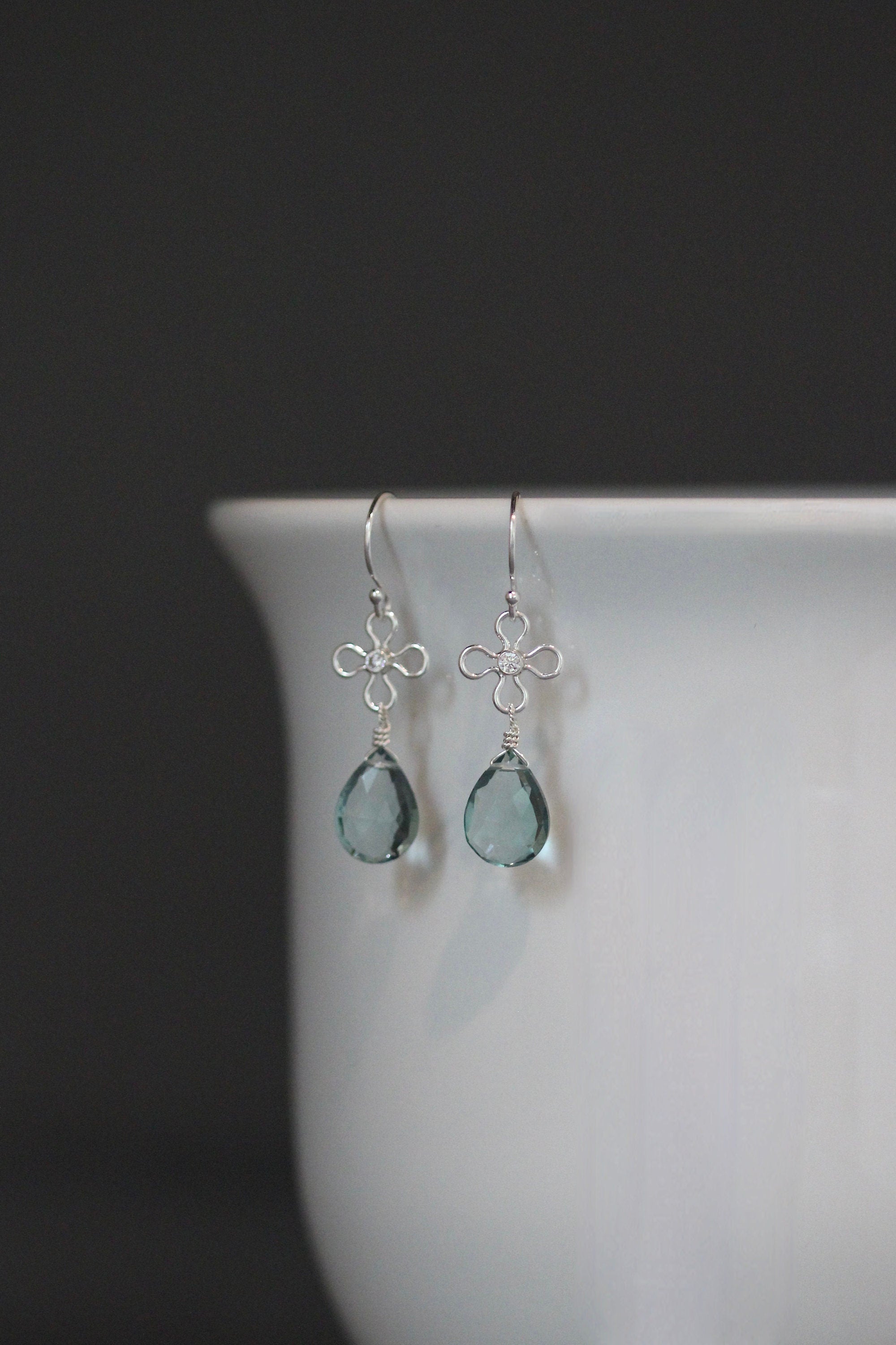 Teal Quartz Teardrop Earrings on Bali Sterling Silver Flower Links
