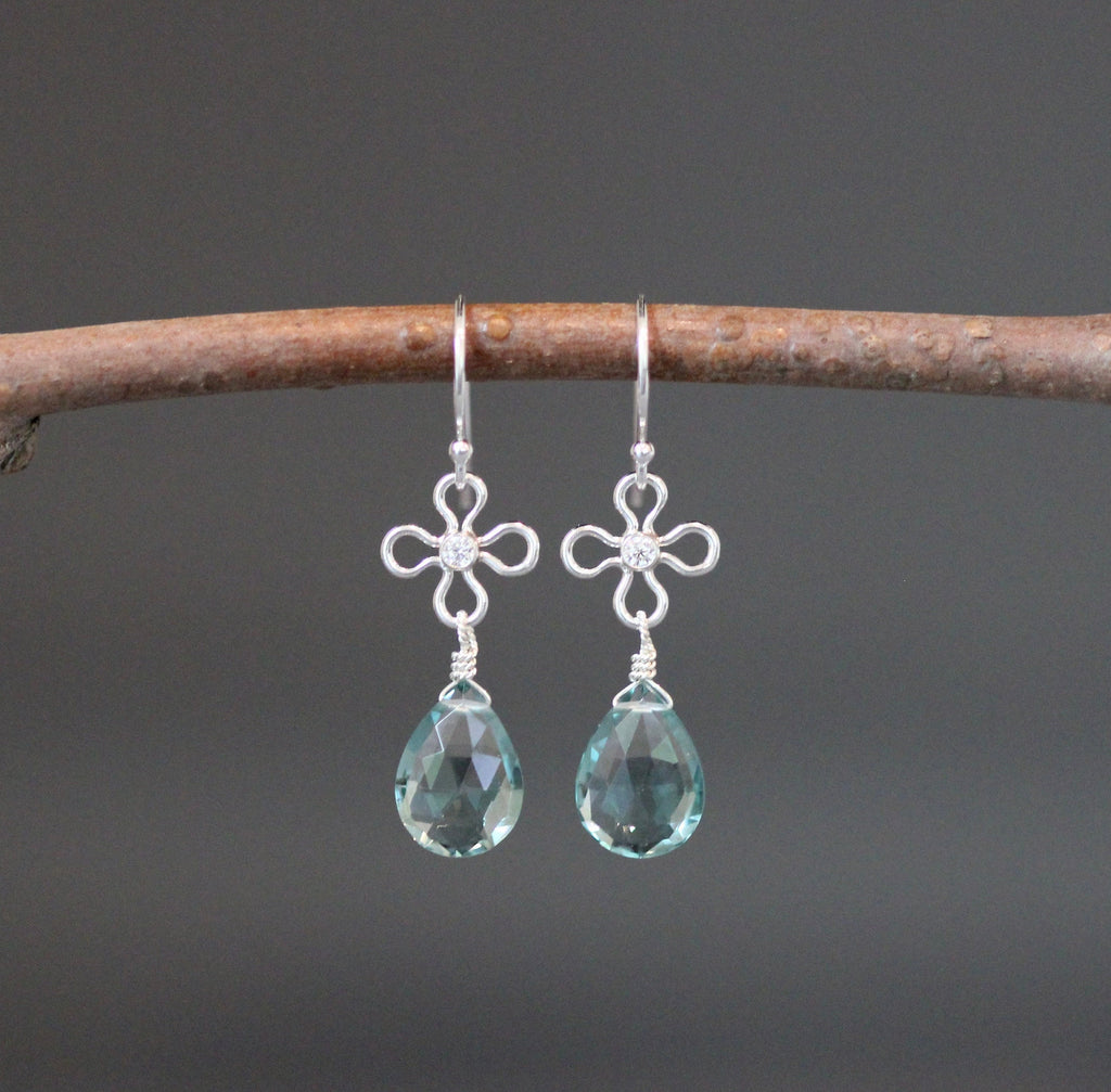 Teal Quartz Teardrop Earrings on Bali Sterling Silver Flower Links