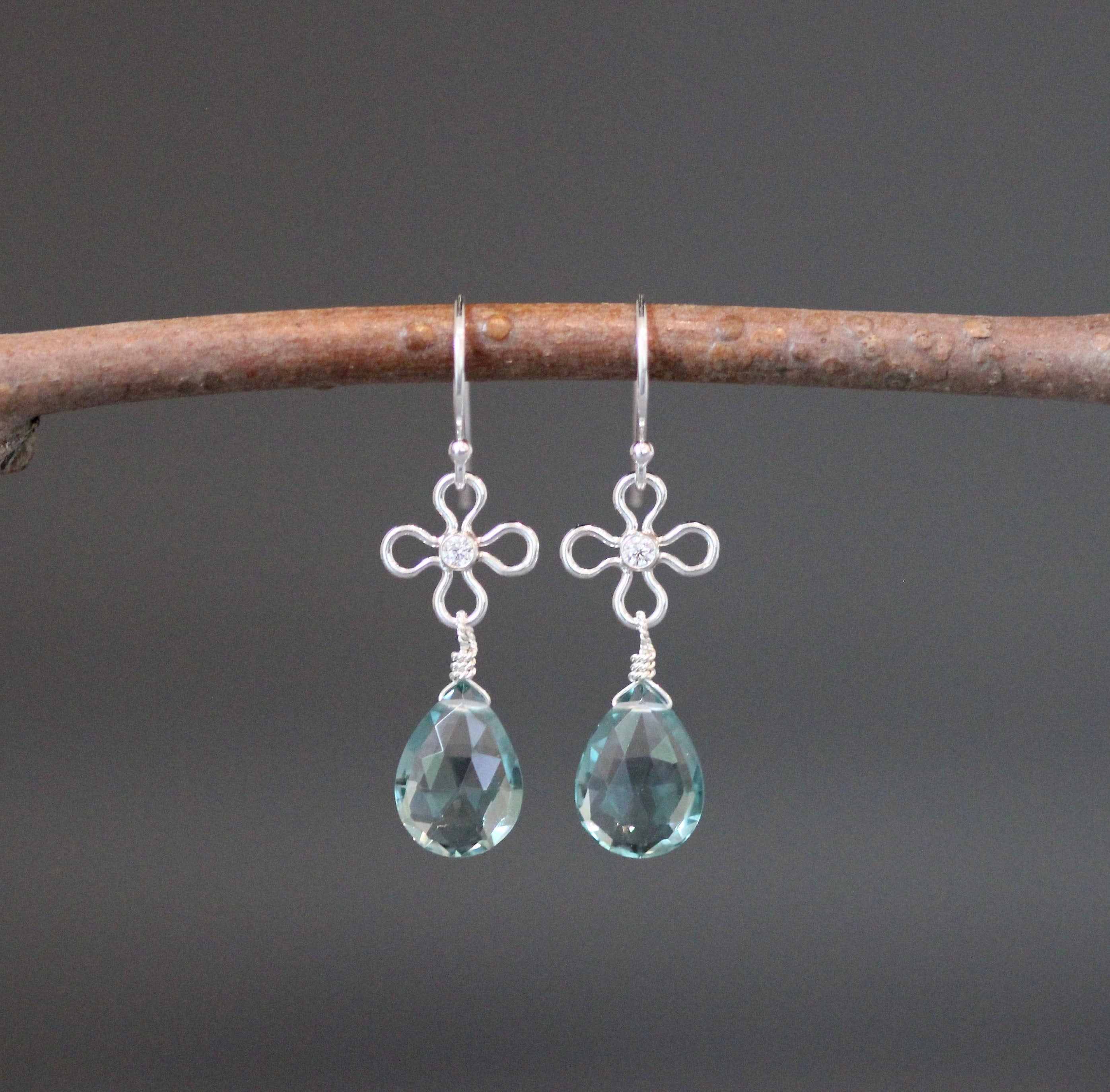 Teal Quartz Teardrop Earrings on Bali Sterling Silver Flower Links