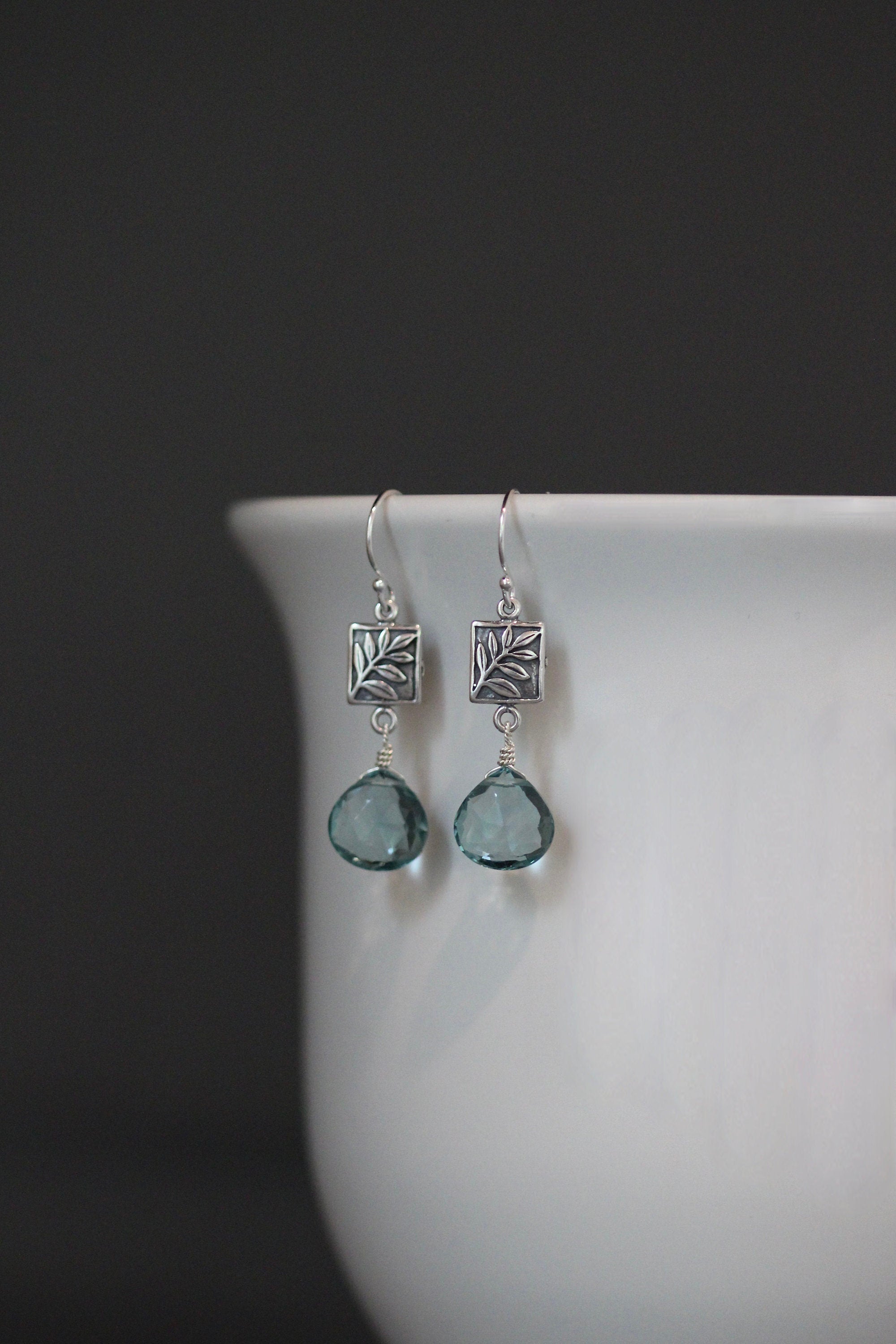 Teal Quartz Teardrop Earrings on Bali Silver Leaf Links