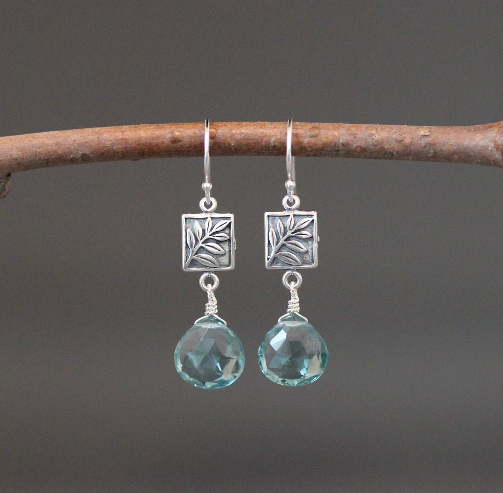 Teal Quartz Teardrop Earrings on Bali Silver Leaf Links