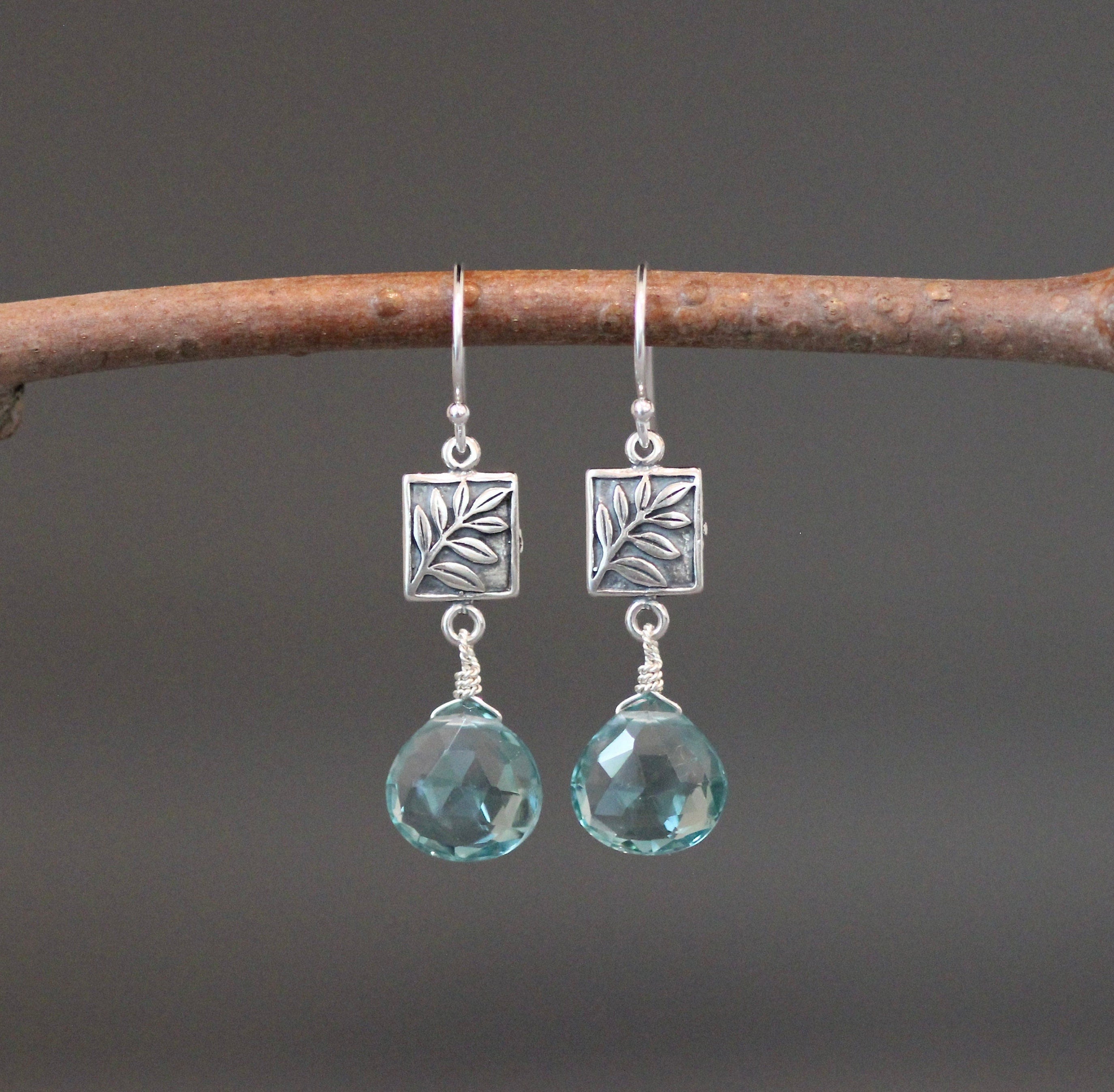 Teal Quartz Teardrop Earrings on Bali Silver Leaf Links