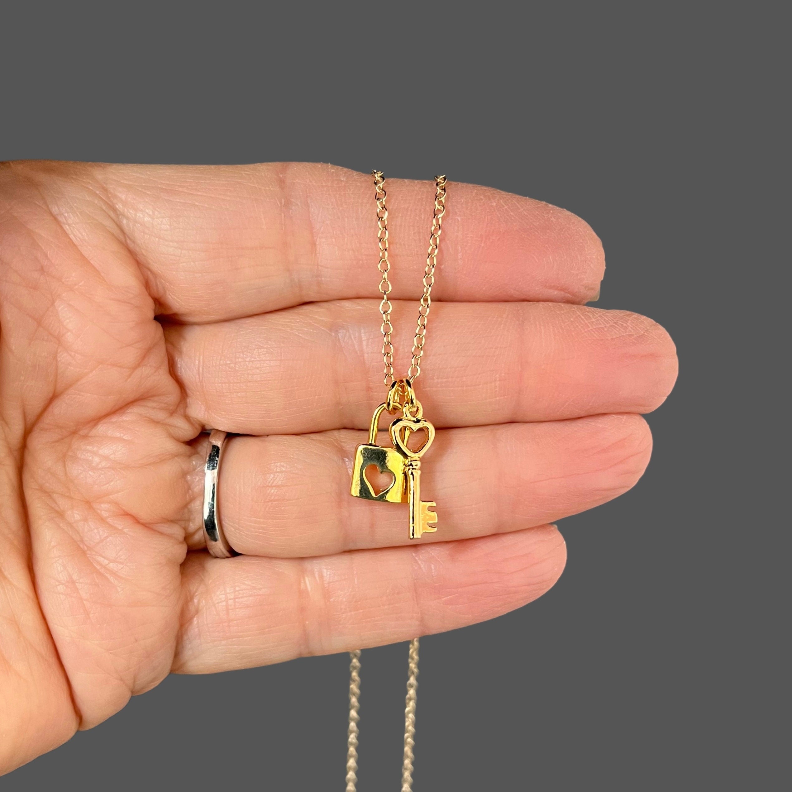 Gold Vermeil Heart Lock and Key Charm Necklace on Gold Filled Chain