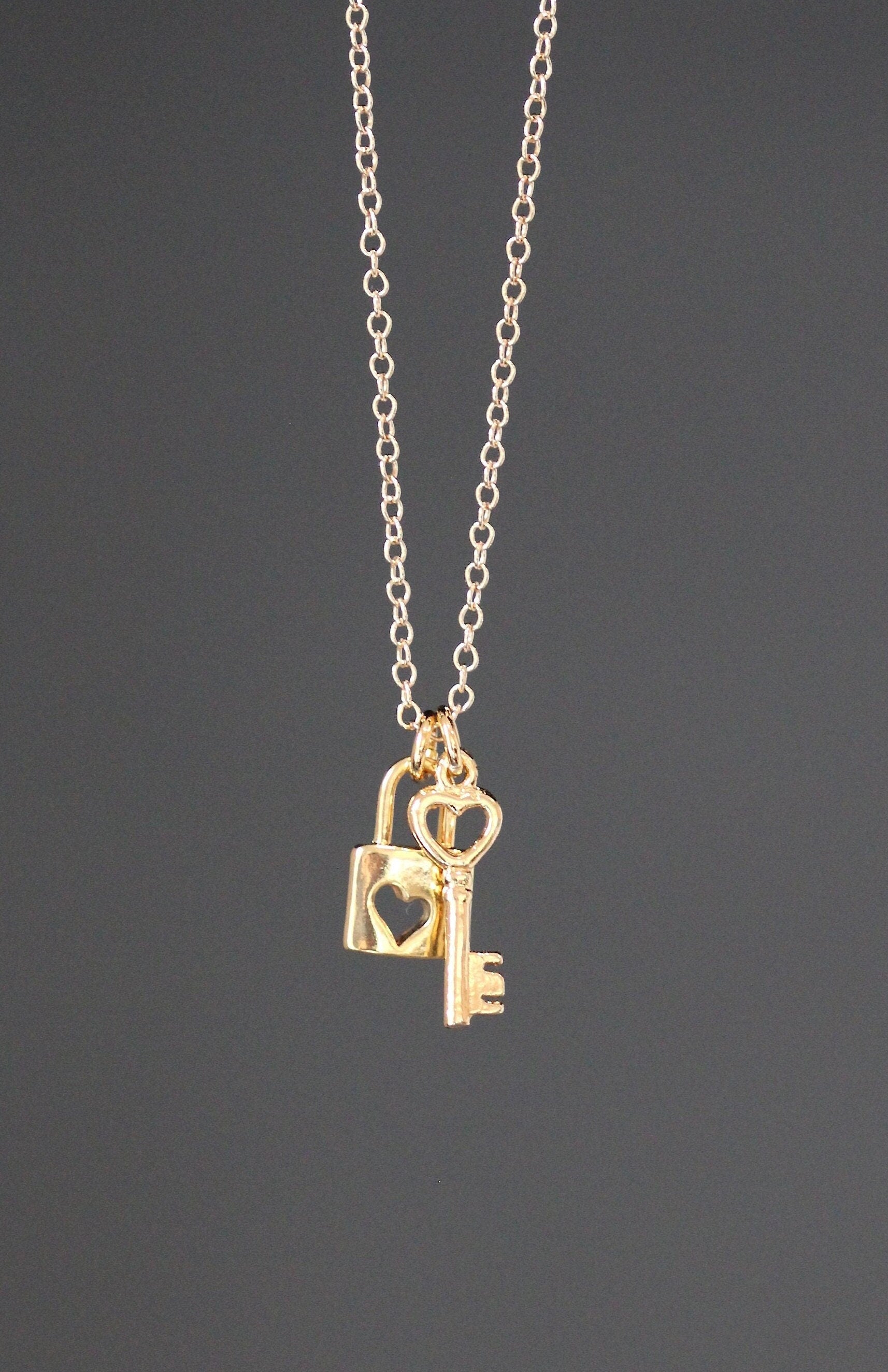 Gold Vermeil Heart Lock and Key Charm Necklace on Gold Filled Chain