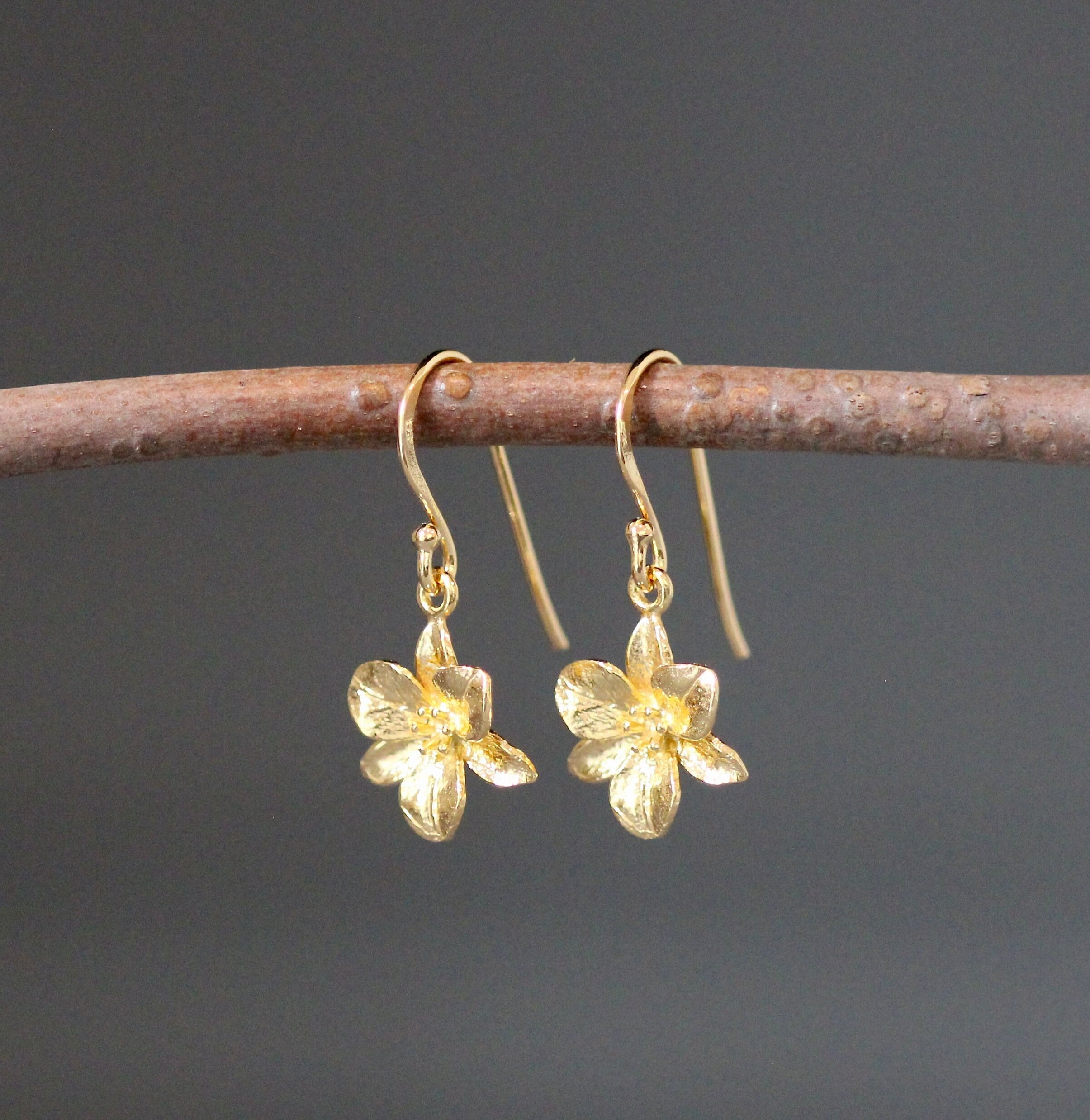Gold Vermeil Camellia Flower Charm Dangle Earrings