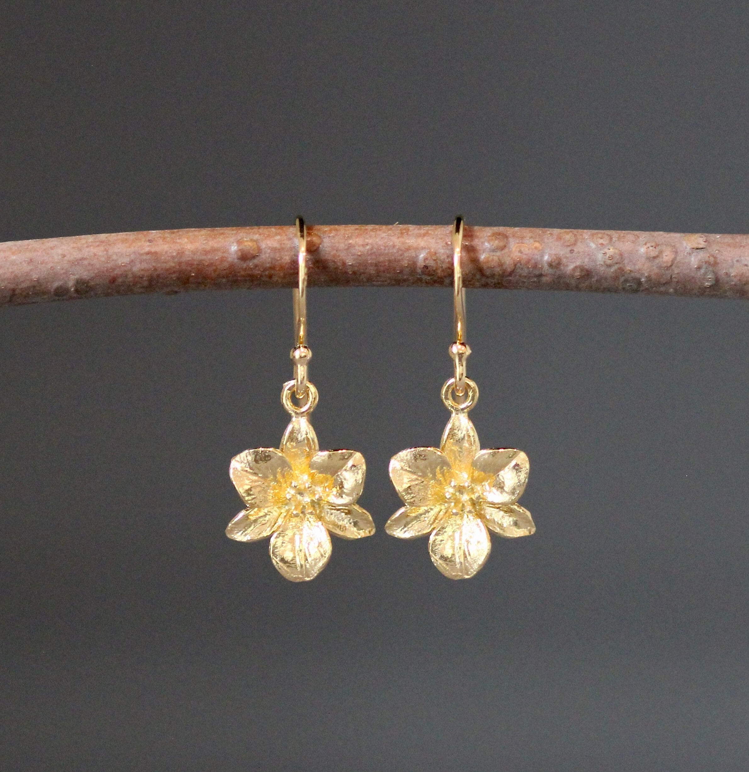 Gold Vermeil Camellia Flower Charm Dangle Earrings