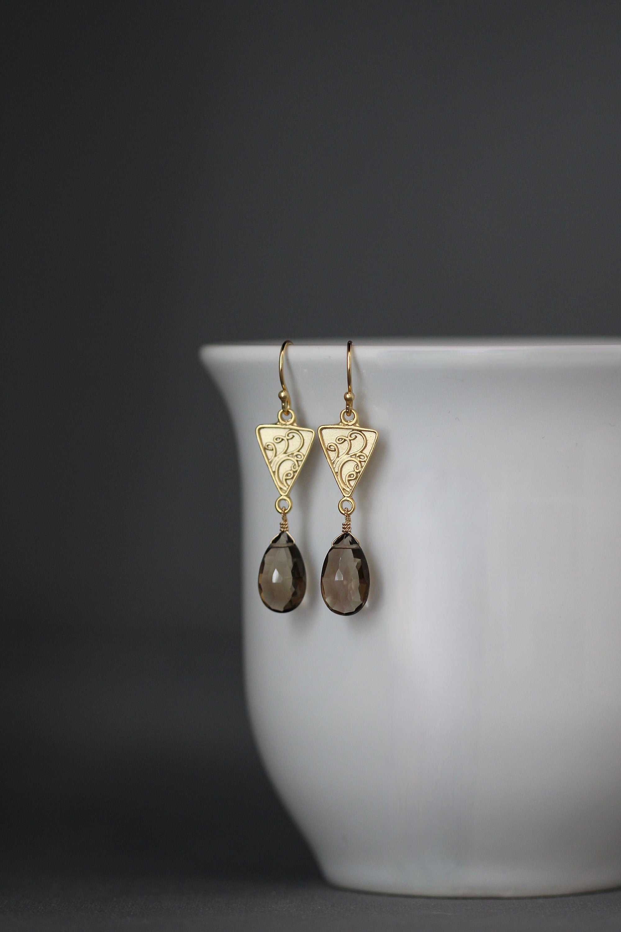 Smoky Quartz Teardrop Earrings on Gold Vermeil Chandelier Links