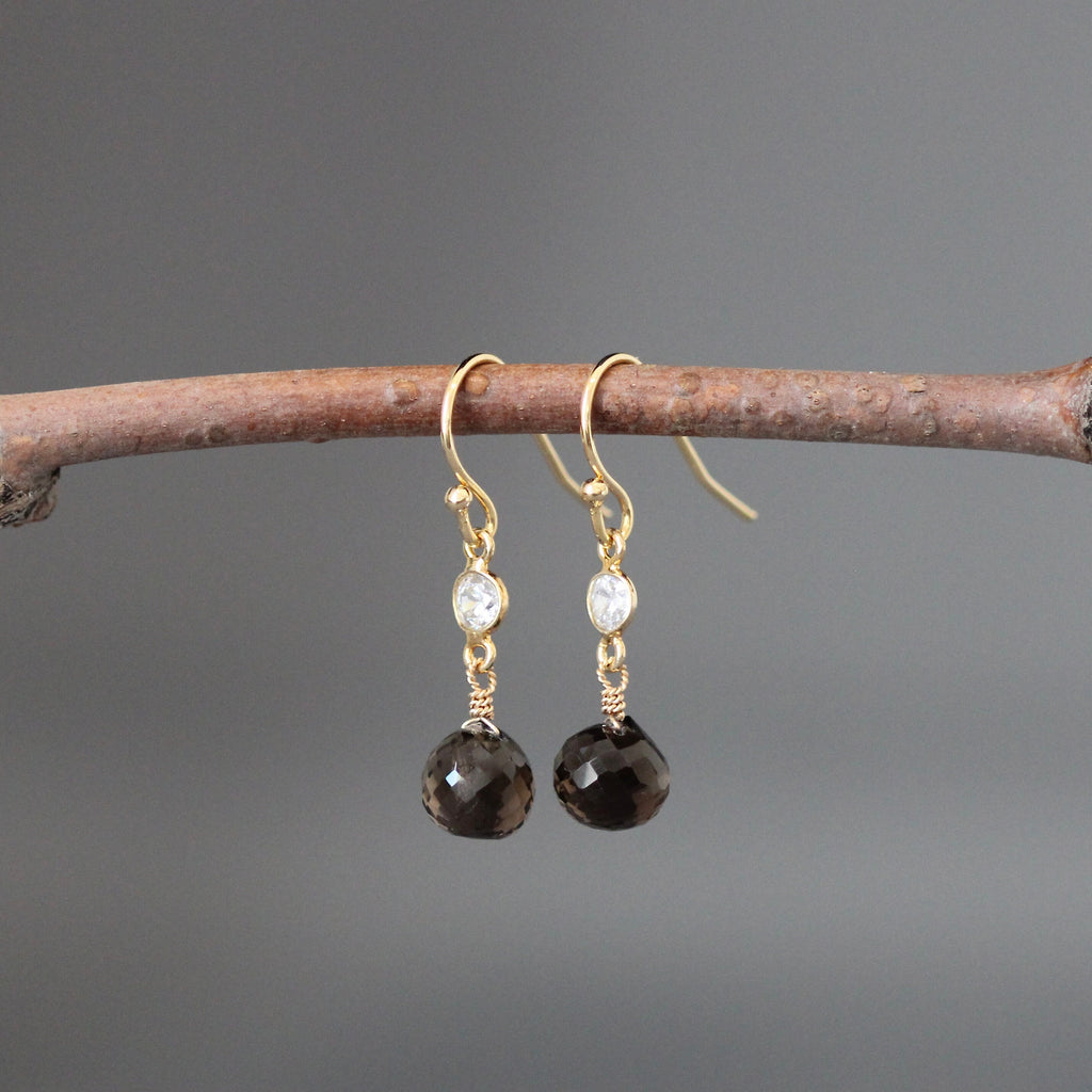 Smoky Quartz Teardrop Earrings on Gold Vermeil Links with Cubic Zirconia Accents