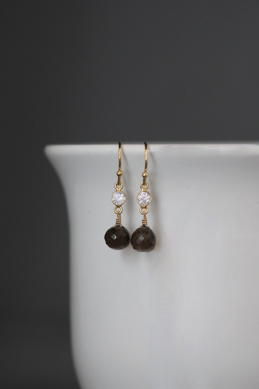Smoky Quartz Teardrop Earrings on Gold Vermeil Links with Cubic Zirconia Accents