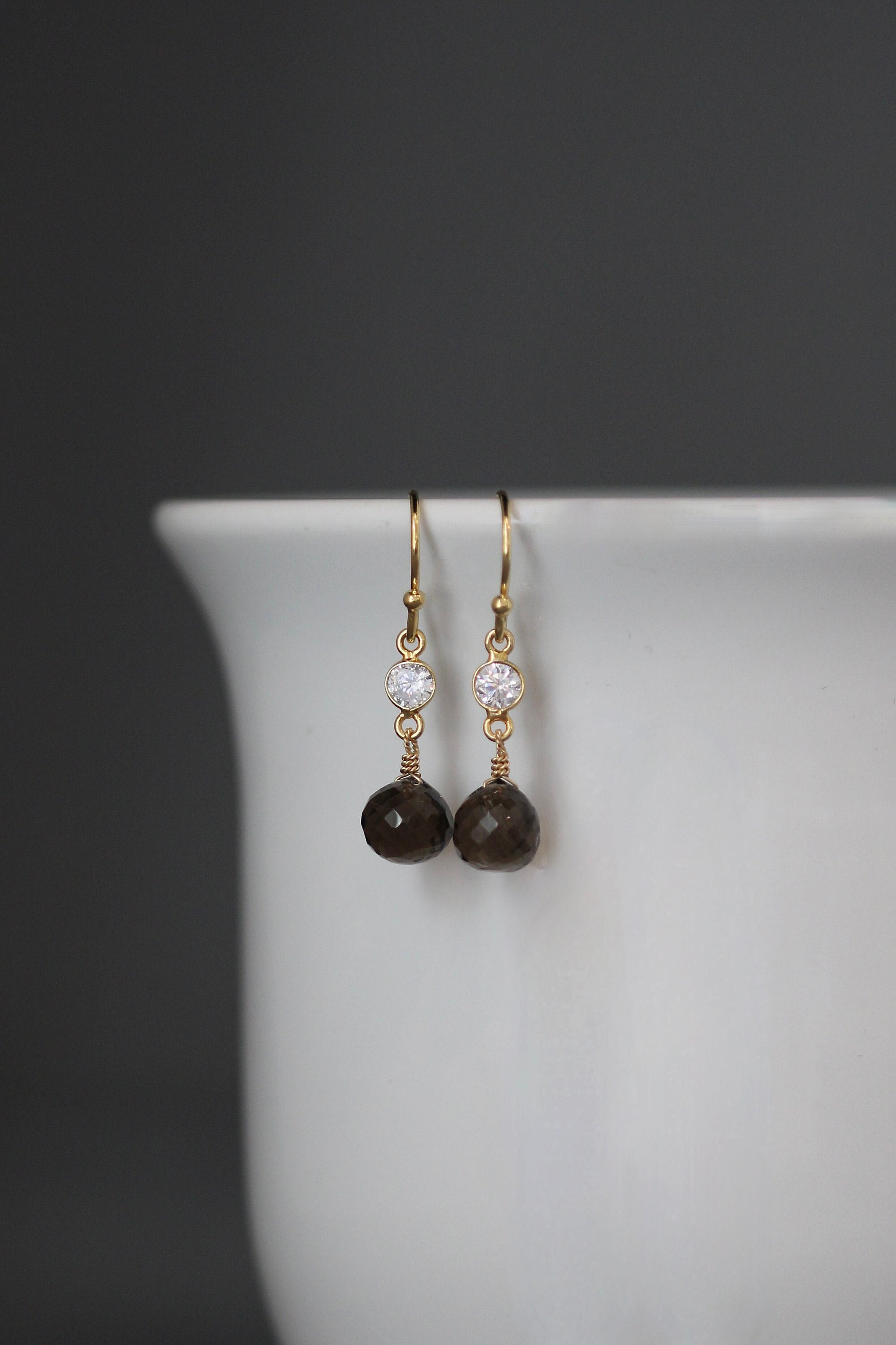 Smoky Quartz Teardrop Earrings on Gold Vermeil Links with Cubic Zirconia Accents