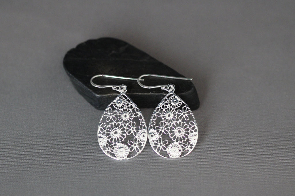Sterling Silver Filigree Flower Teardrop Dangle Earrings
