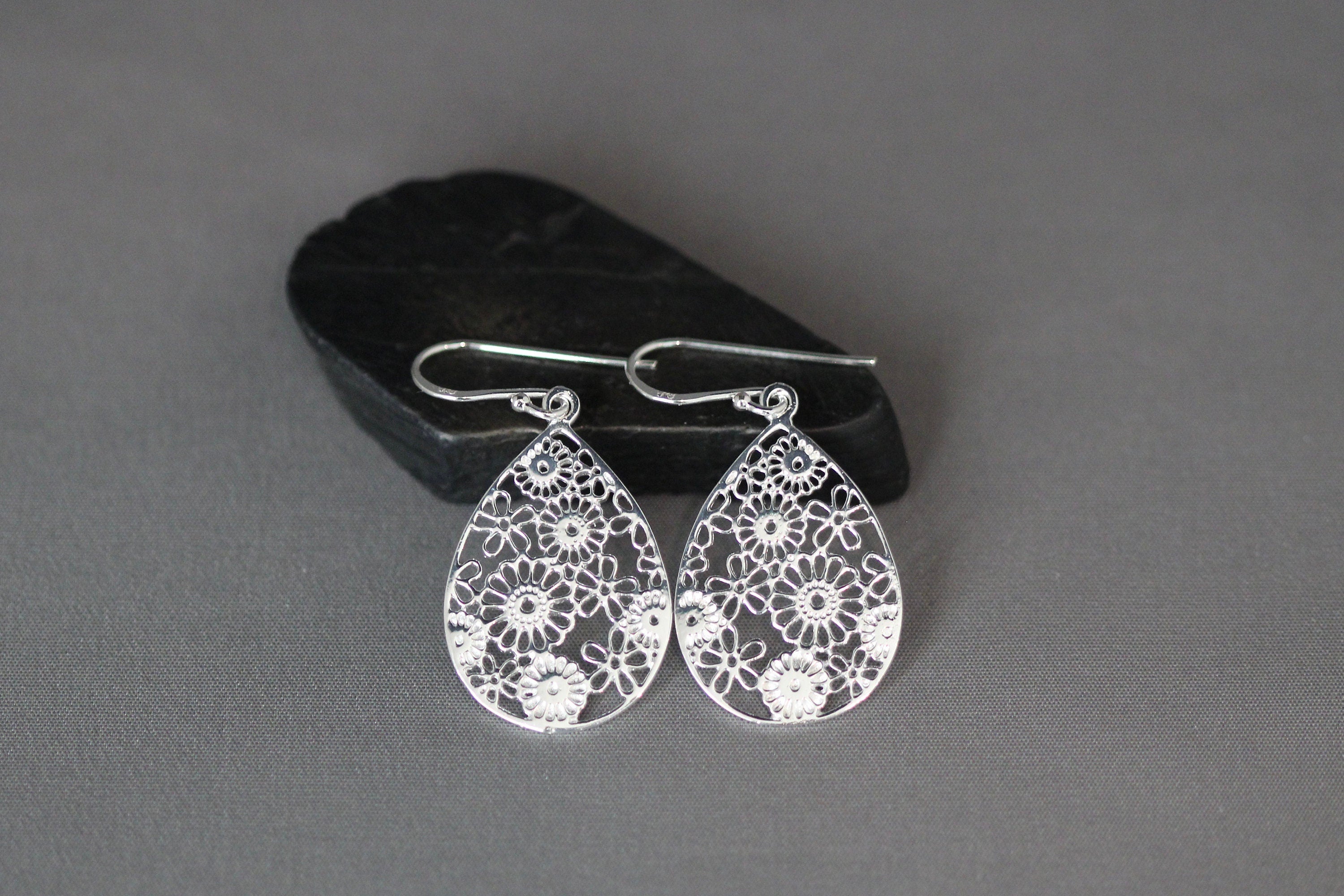 Sterling Silver Filigree Flower Teardrop Dangle Earrings