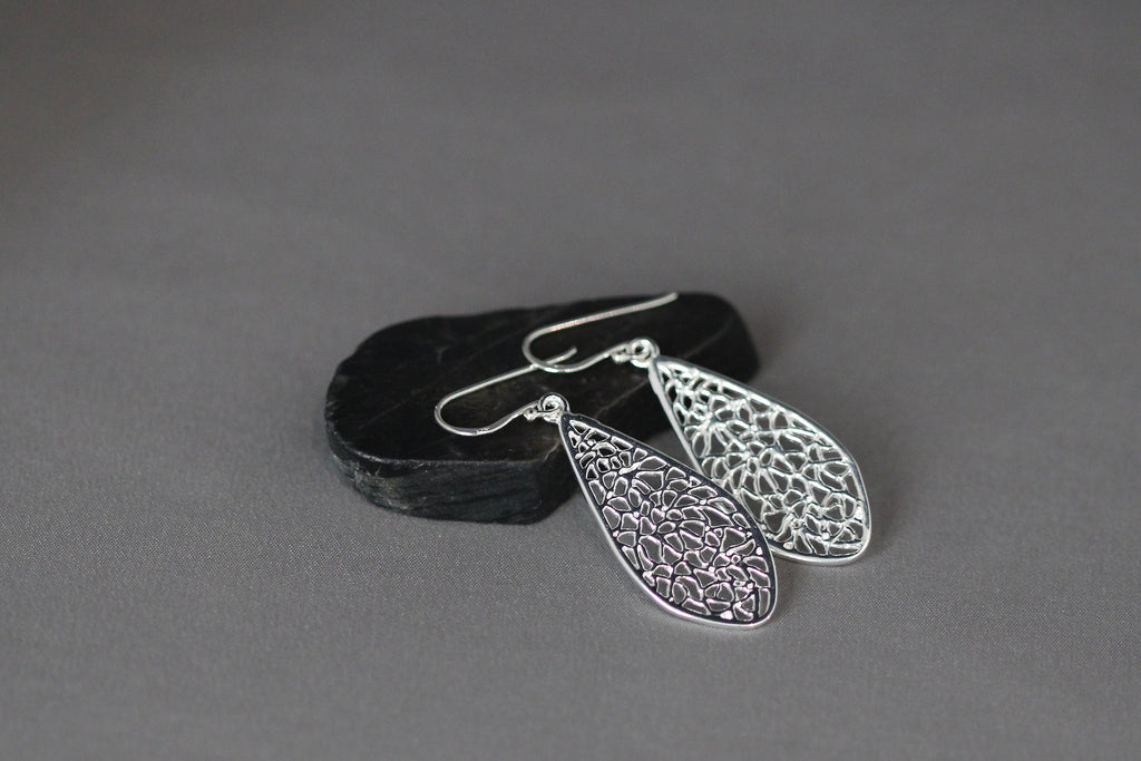 Long Silver Filigree Teardrop Dangle Earrings